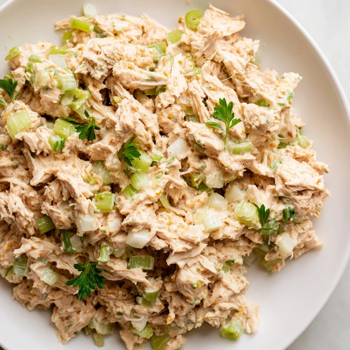 A close-up view of creamy Spicy Zesty Tuna Salad garnished with parsley, perfect for a light low-carb lunch.