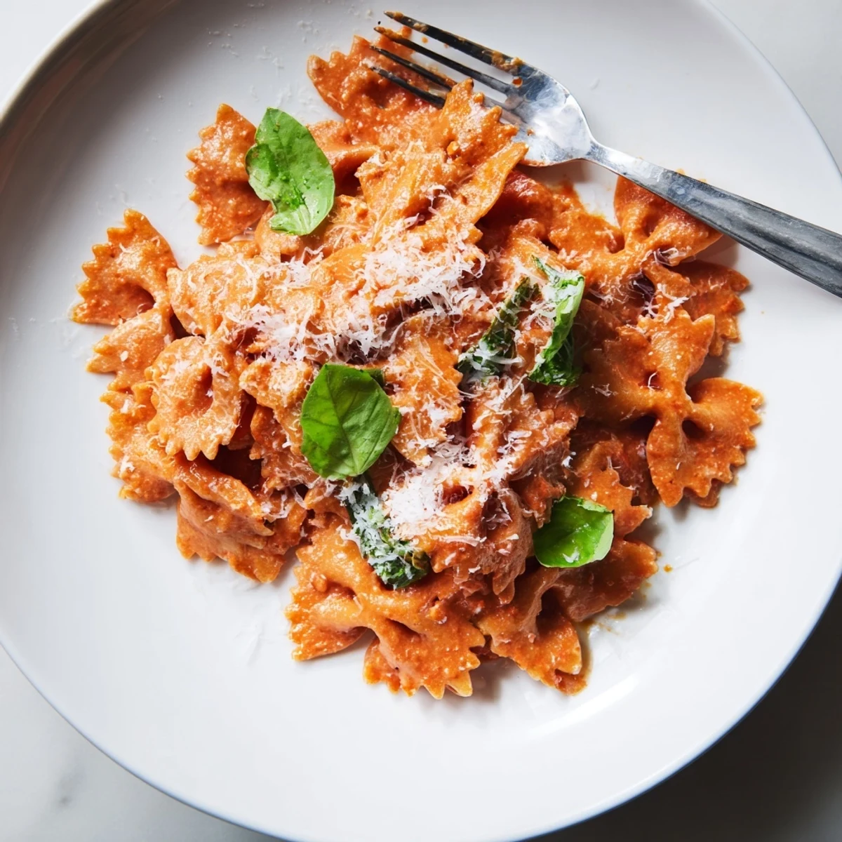 Twirly bowtie pasta coated in a vibrant, creamy tomato basil sauce, garnished with fresh basil and grated Parmesan cheese.  