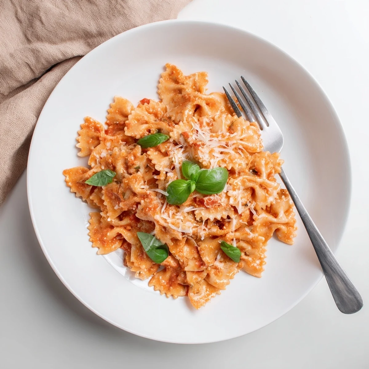 Homemade Tomato Basil Bowtie Pasta plated with a side salad and garlic bread, perfect for a comforting vegetarian weeknight dinner.