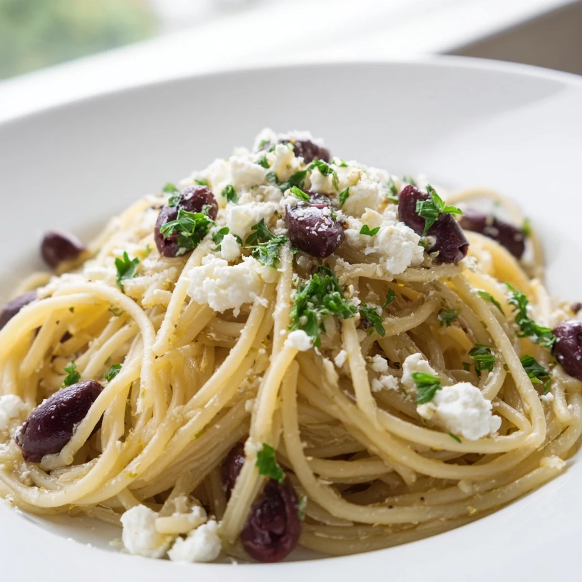 Juicy grilled chicken rests atop a vibrant plate of Greek Chicken Spaghetti, garnished with crumbled feta and fresh parsley.  