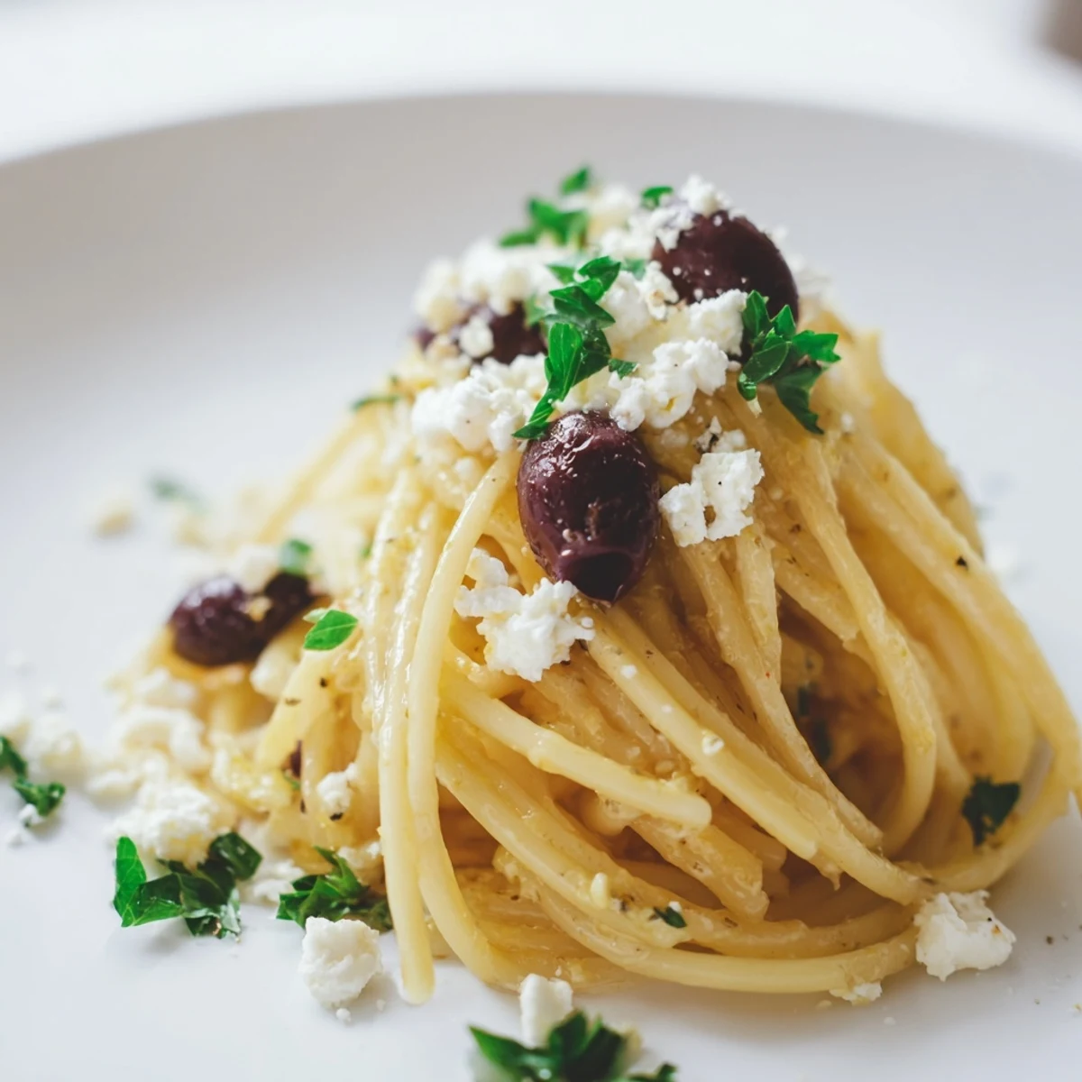 This Greek Chicken Spaghetti recipe features al dente spaghetti tossed with cherry tomatoes, Kalamata olives, and red onion.  