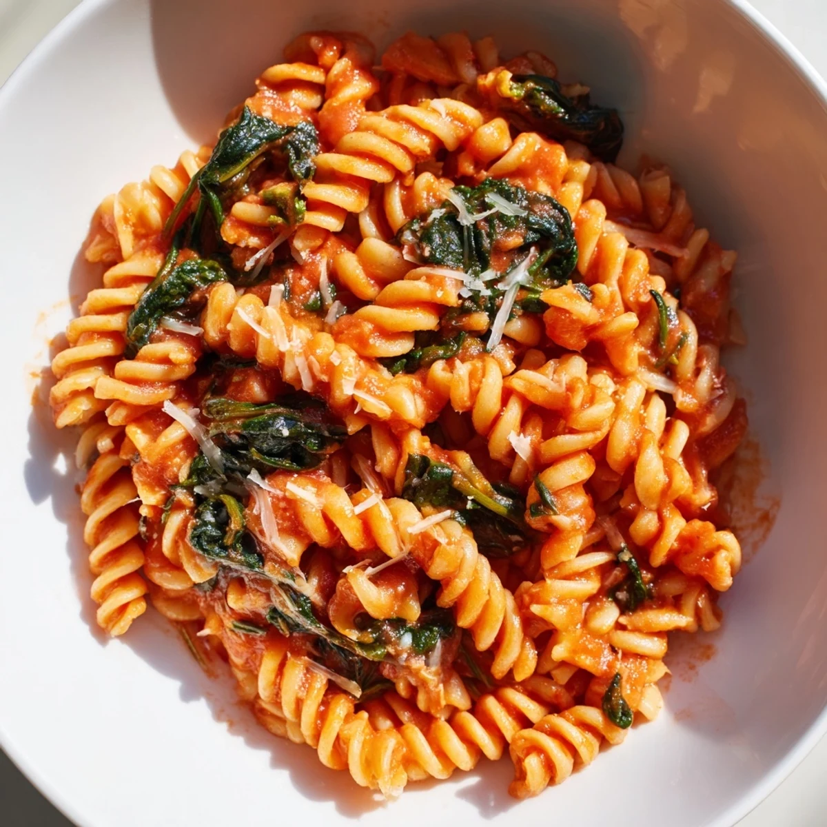 Serving suggestion for Tomato Spinach One-Pot Rotini topped with grated Parmesan cheese, accompanied by a slice of crusty bread and a crisp green salad.