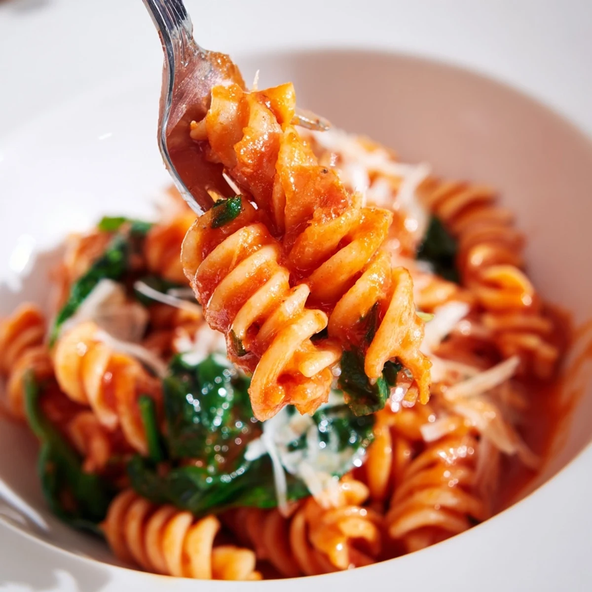 Steaming Tomato Spinach One-Pot Rotini in a rustic ceramic bowl showcases the bright red tomatoes and green spinach mingling with perfectly cooked pasta spirals.