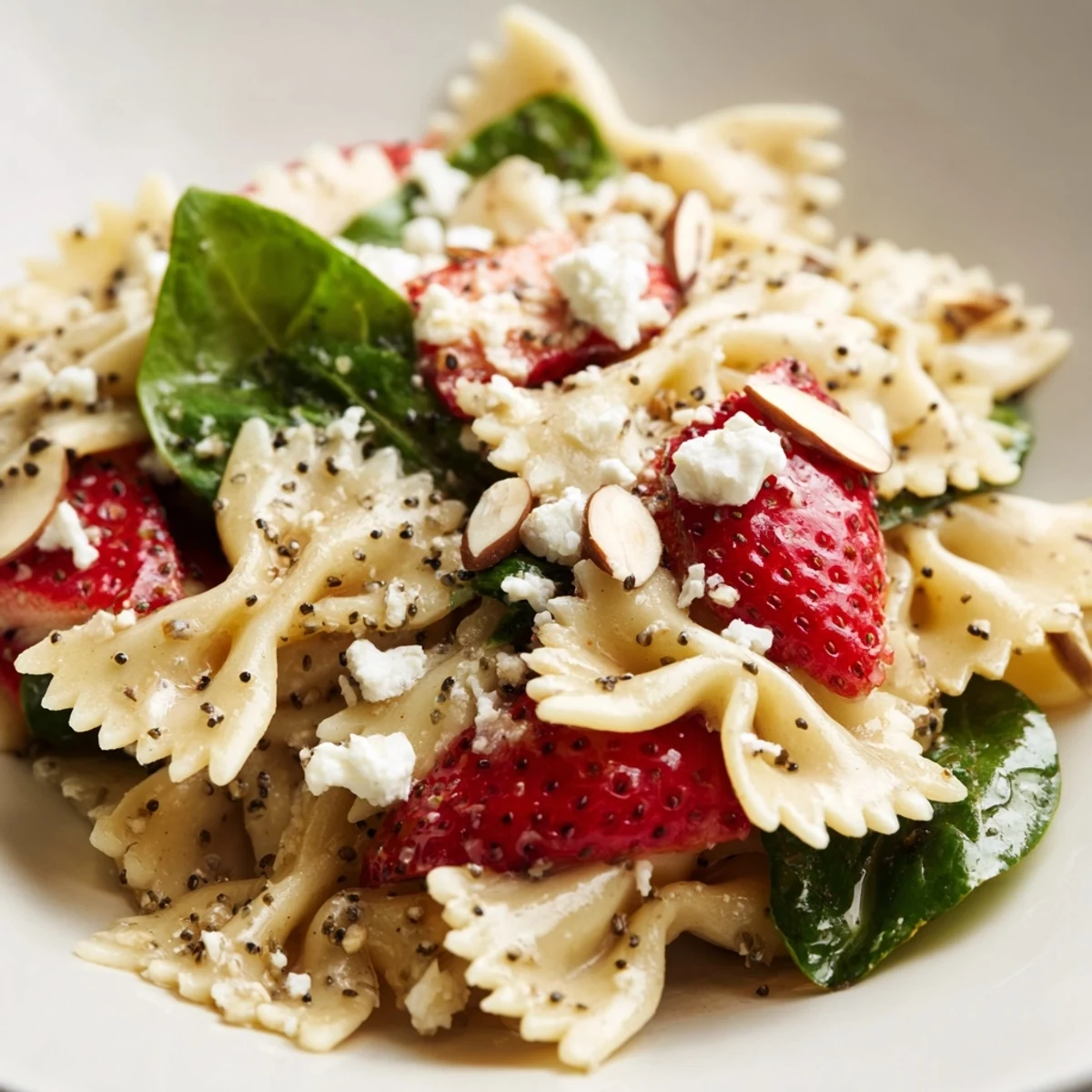 Freshly cooked bow-tie pasta tossed with baby spinach, sliced strawberries, and toasted almonds in a poppy seed dressing.