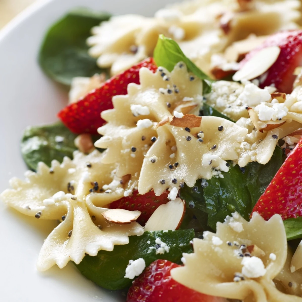 Spring Spinach Strawberry Pasta Salad served in a white bowl, garnished with crumbled feta and fresh basil leaves.