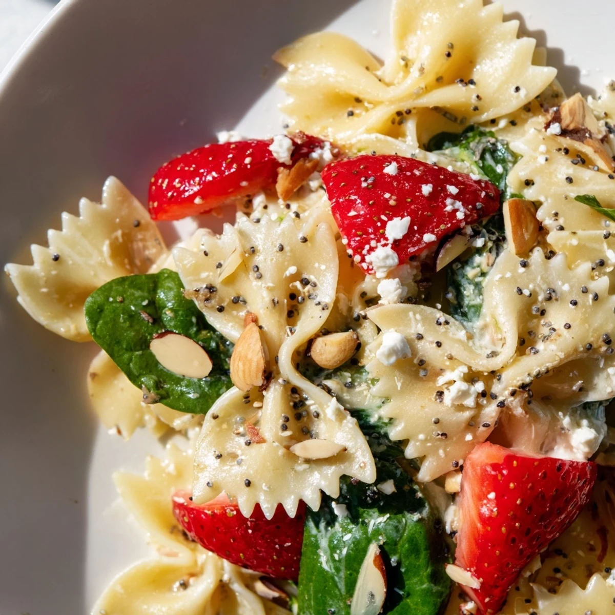 A vibrant bowl of Spring Spinach Strawberry Pasta Salad featuring juicy strawberries and a tangy poppy seed dressing.