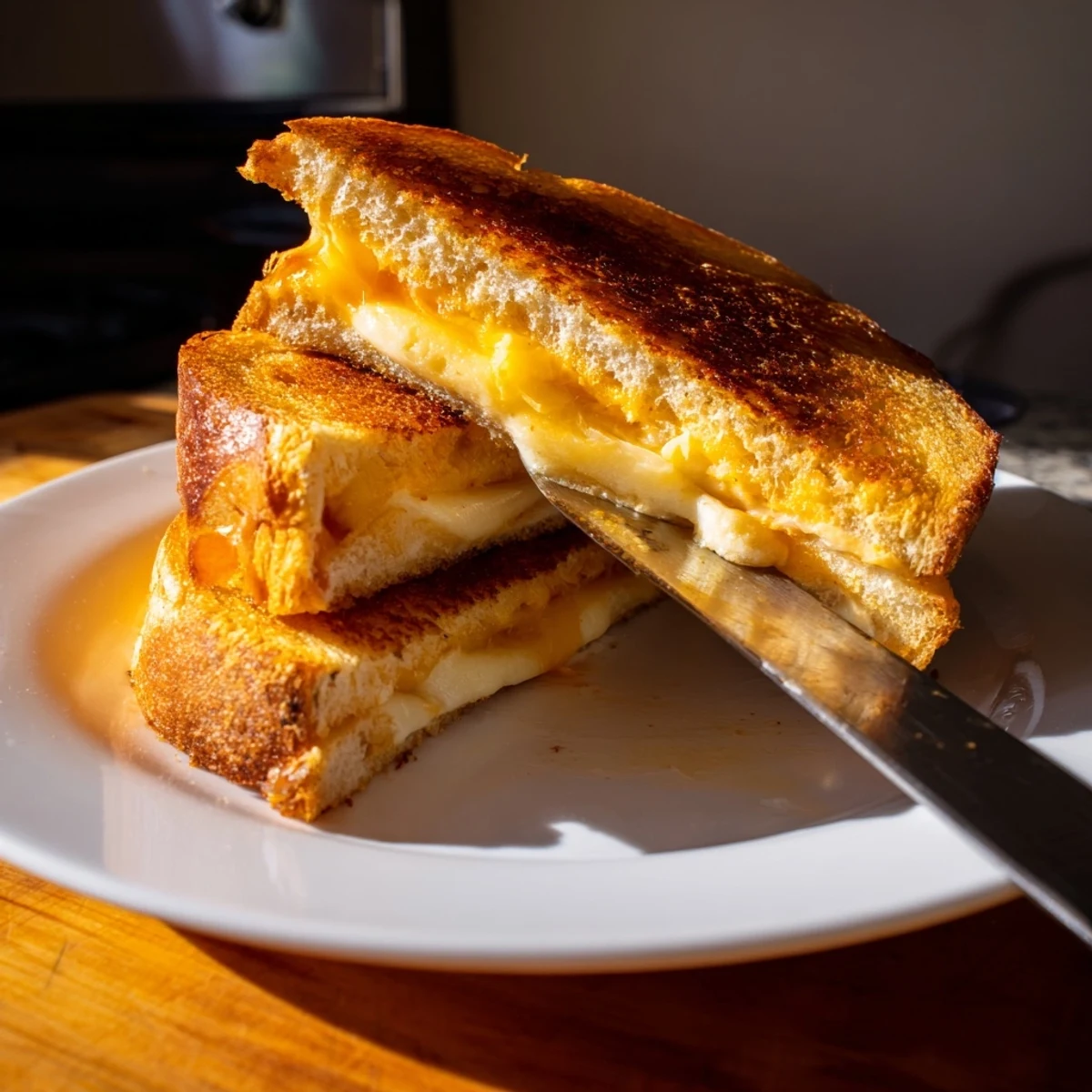 Homemade Triple Cheese Sourdough Grilled Cheese sandwich on a plate, featuring golden-brown crust and melted cheese, perfect with a bowl of tomato soup.