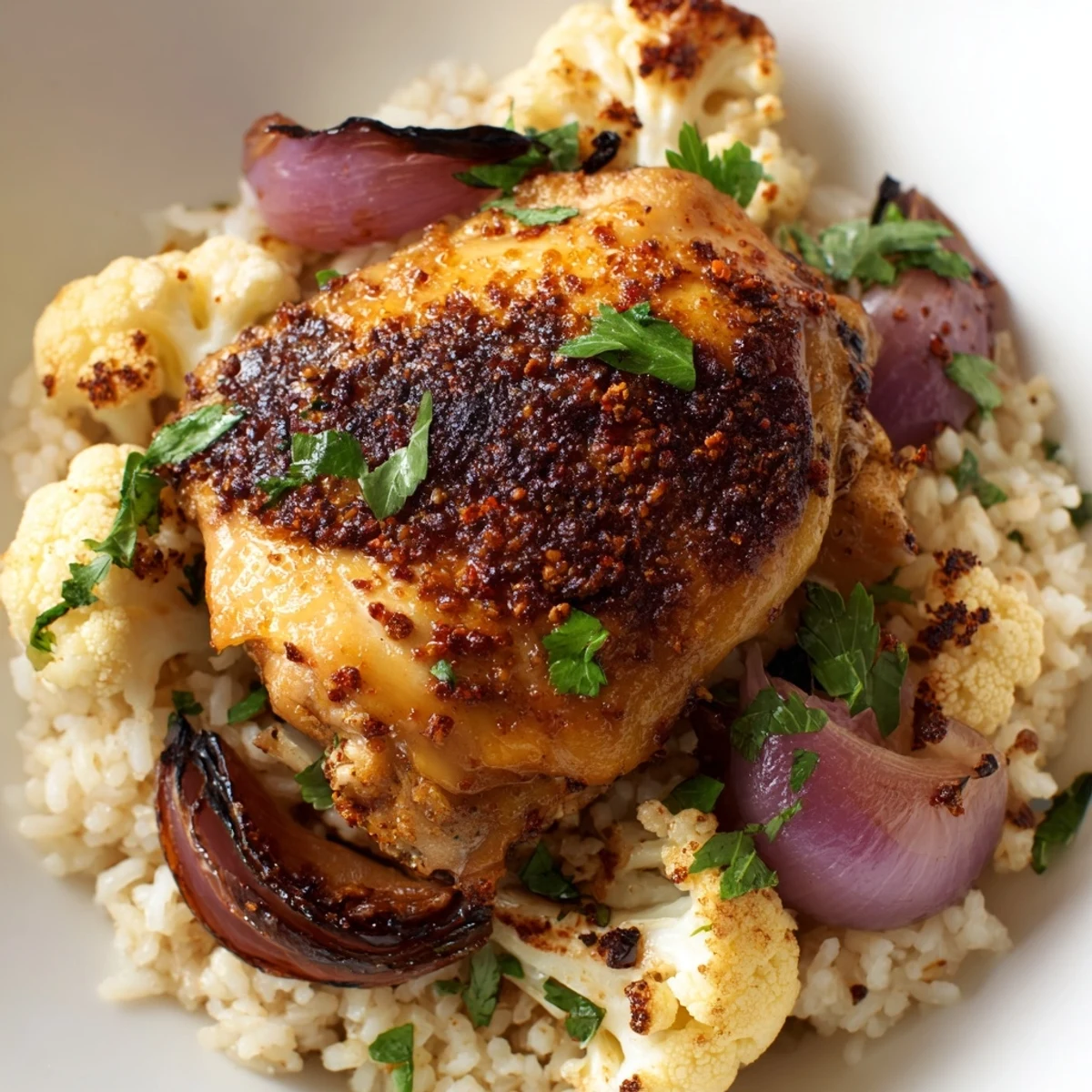 A close-up view of the roasted cauliflower chicken sheet pan meal, garnished with fresh parsley and ready to serve.  