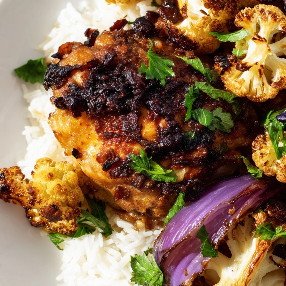 Overhead shot of a colorful roasted cauliflower chicken sheet pan dish with red onion slices and basmati rice.