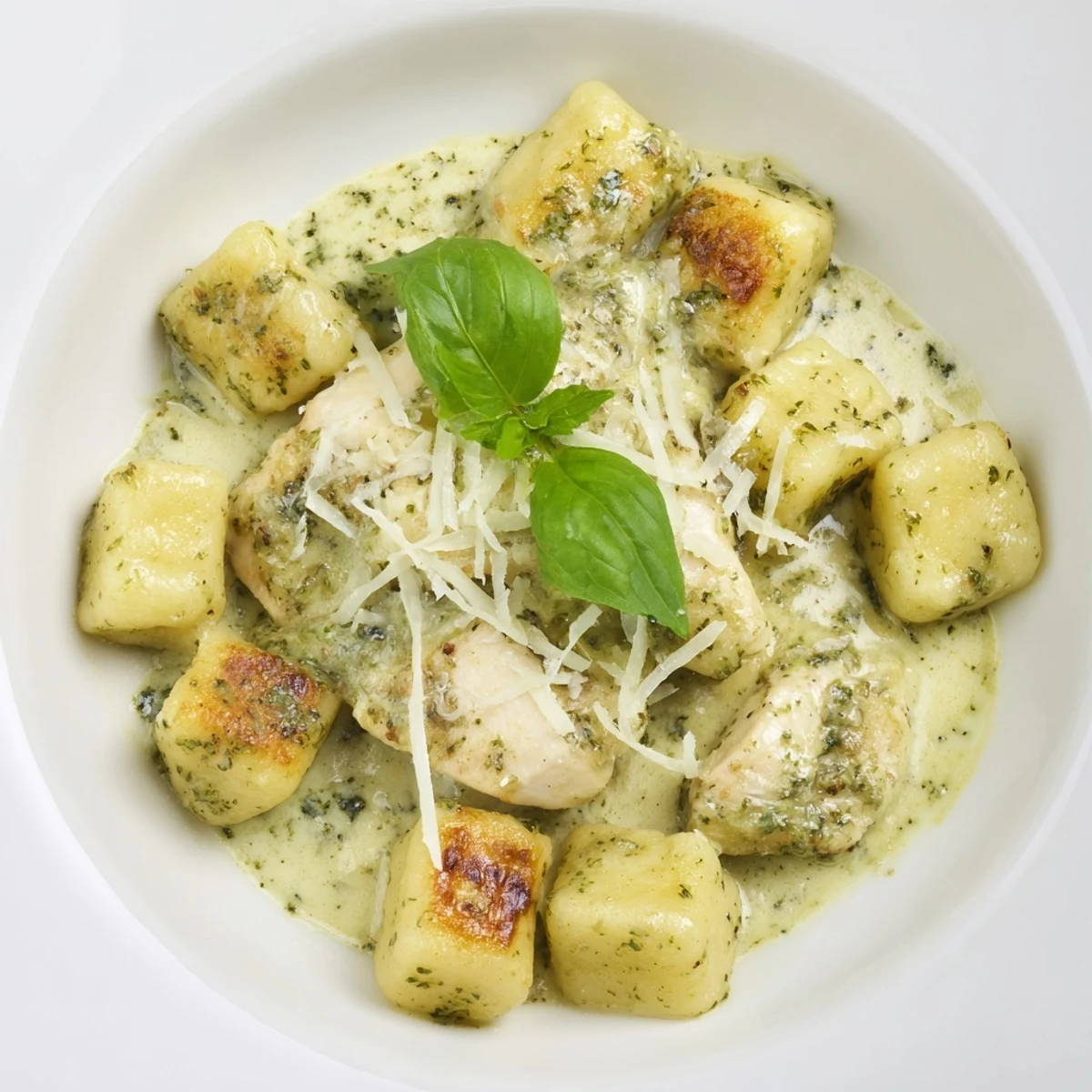 Golden-brown chicken cubes and pan-crisped gnocchi coated in a vibrant green pesto cream sauce, served in a white bowl with fresh basil.