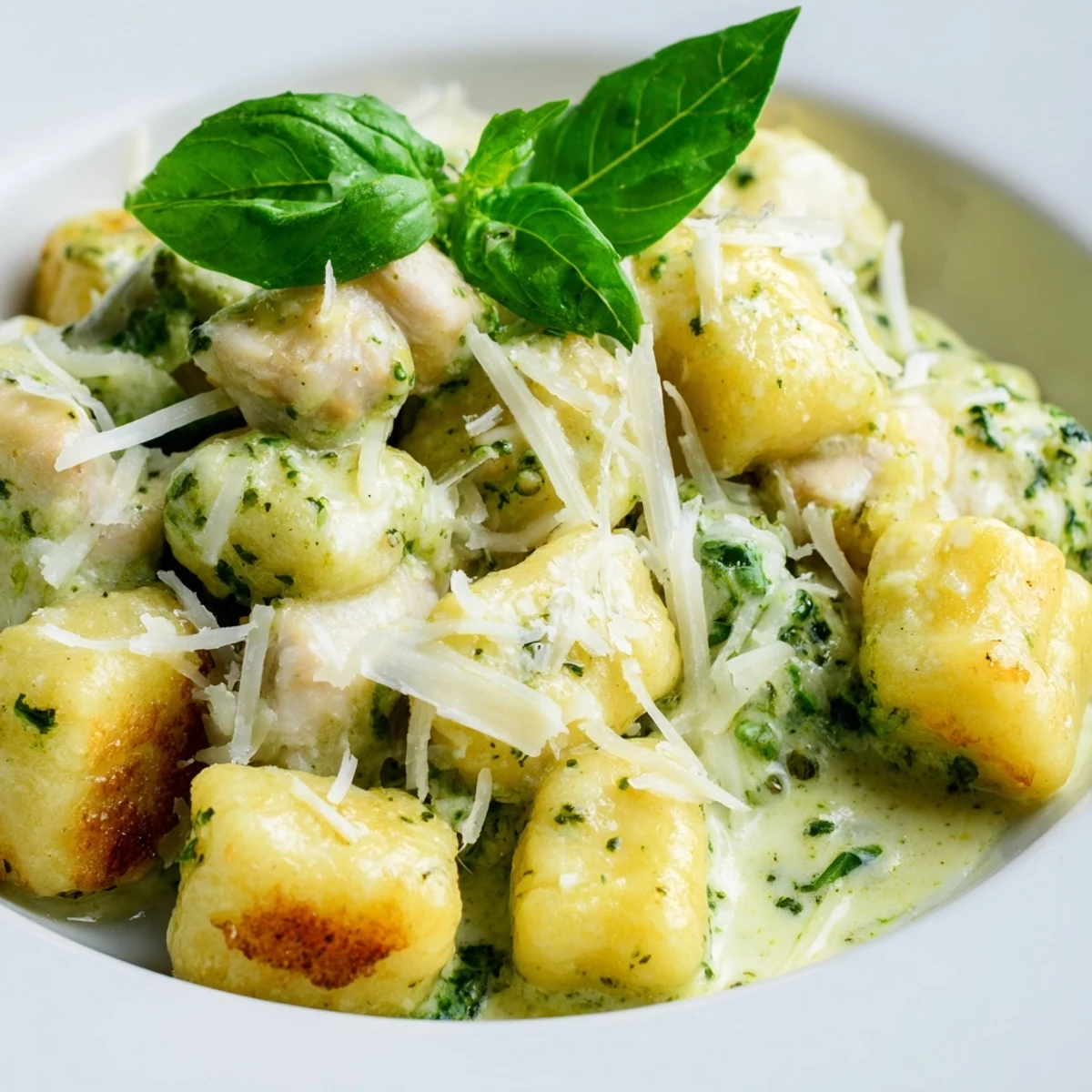 Warm bowl of pesto gnocchi with chicken, fresh basil leaves, and extra Parmesan, paired with a glass of white wine.