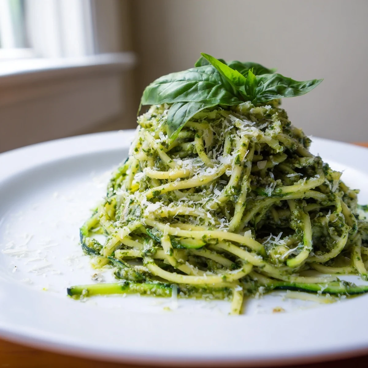 Glistening spiralized zucchini noodles tossed with vibrant green homemade basil pesto and topped with fresh basil and grated Parmesan.