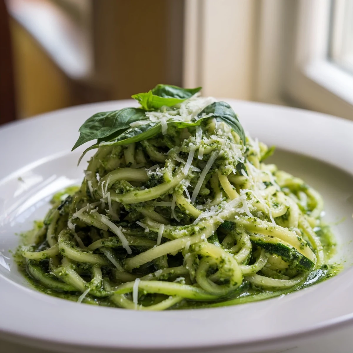 Close-up of zucchini noodles coated in fragrant pesto, ready to enjoy as a healthy vegetarian dinner for two.