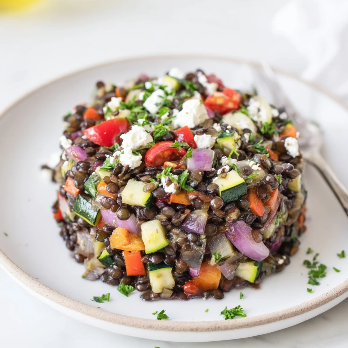 A close-up of Black Lentil Salad with Roasted Vegetables, showcasing glossy black lentils mixed with colorful, caramelized bell peppers and zucchini.