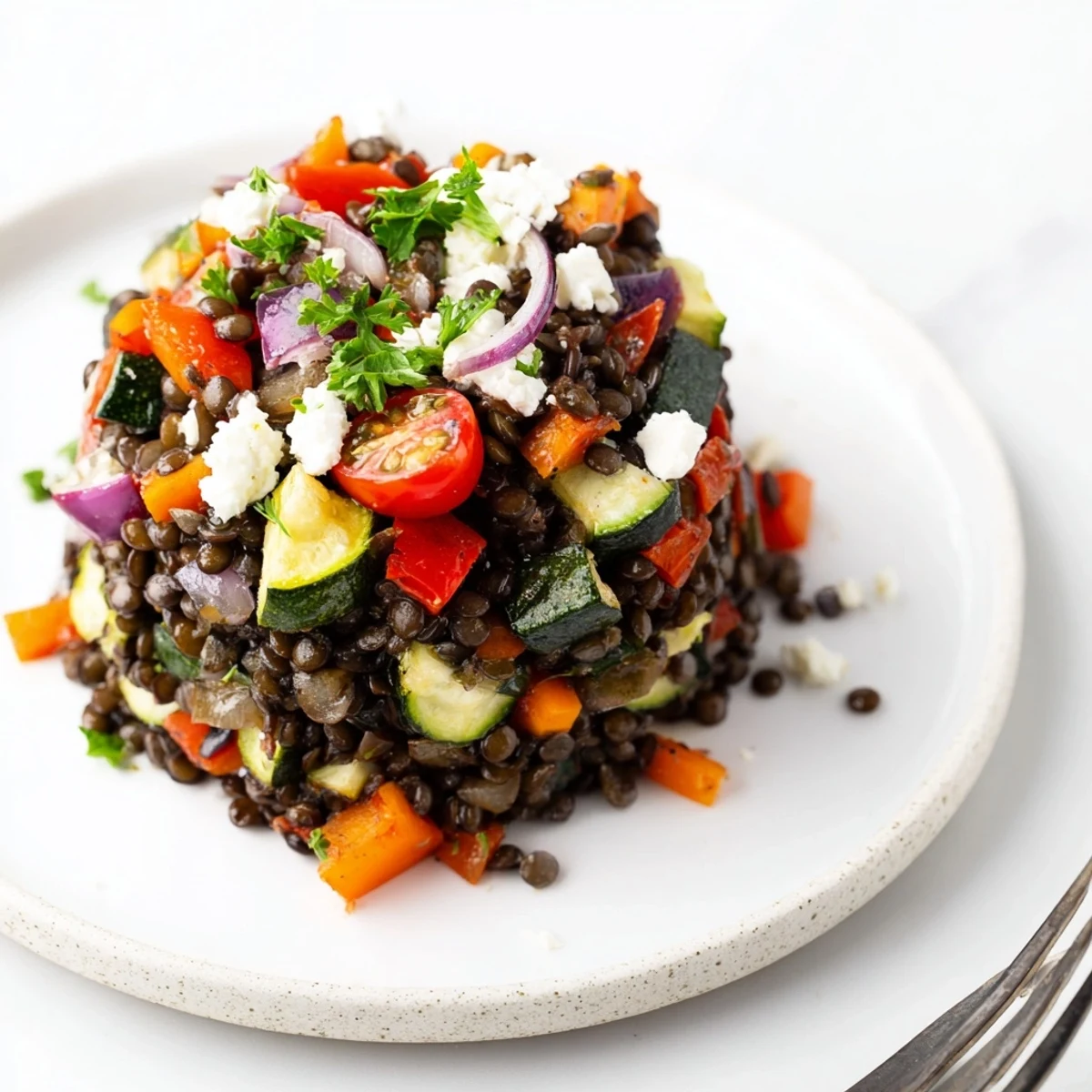 A hearty Black Lentil Salad with Roasted Vegetables on a wooden table, ready to serve as a vibrant main dish or side salad.