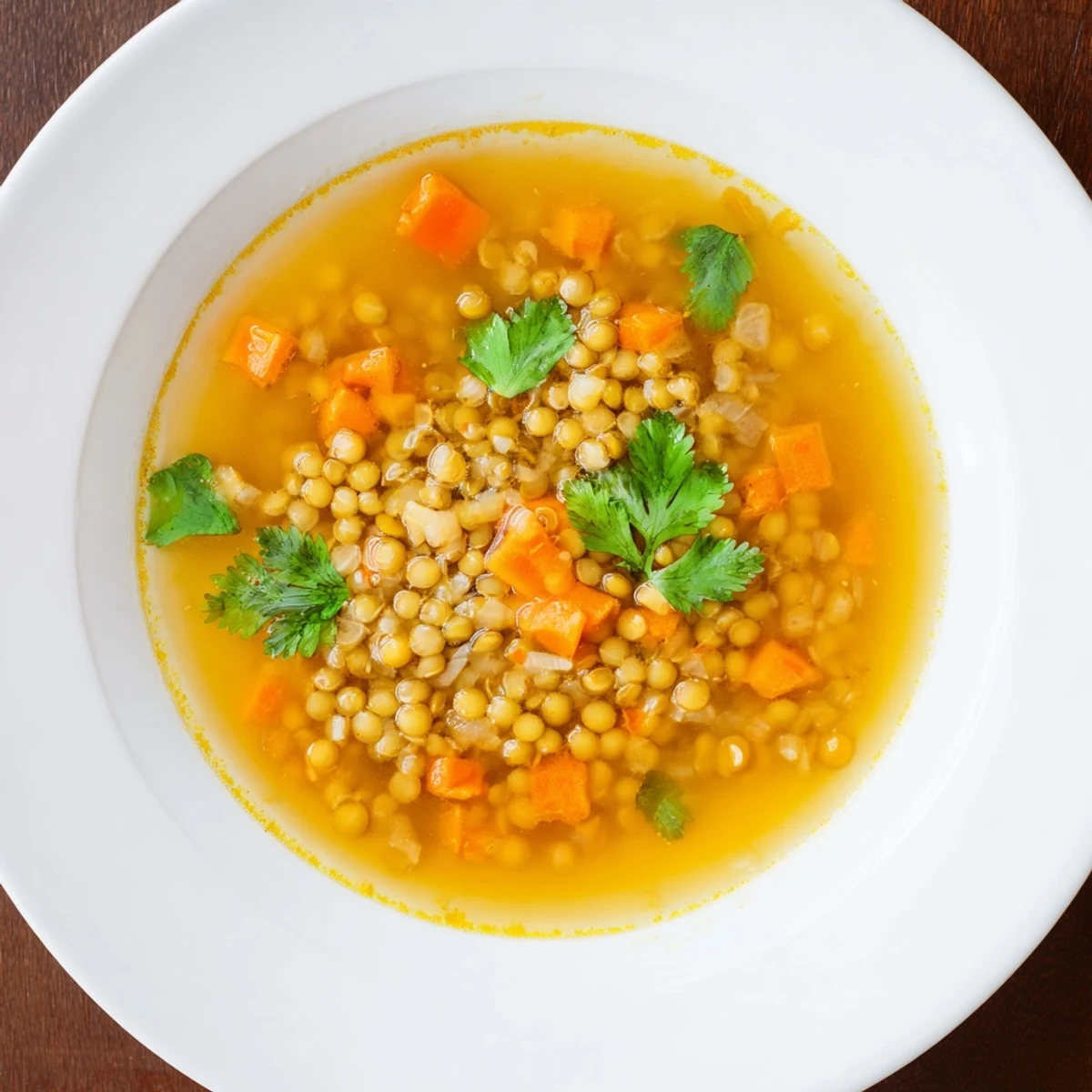 A steaming bowl of traditional Indian mung bean soup, garnished with fresh cilantro and a slice of lemon, ready to serve with rice.  