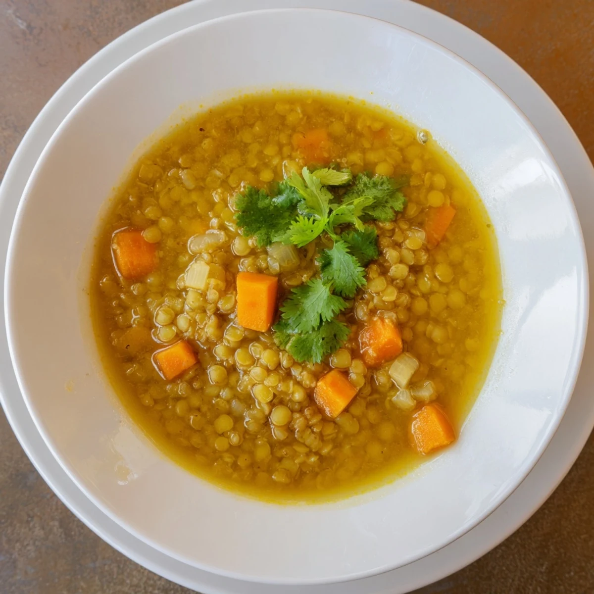 Hearty vegan mung bean soup simmered with warming spices like cumin and turmeric, bubbling in a rustic pot.  