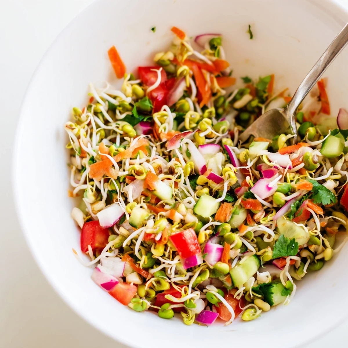 A colorful bowl of Sprouted Seed Salad with crisp sprouts, diced veggies, and a light lemon dressing.  