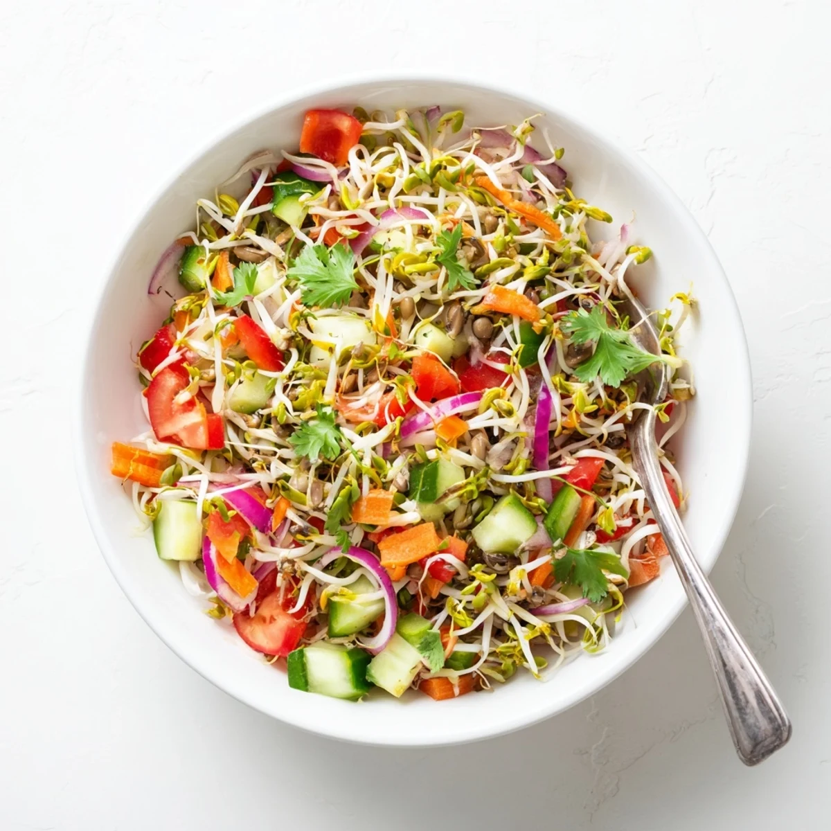 Healthy Sprouted Seed Salad served as a refreshing side, with grated carrot and red bell pepper glistening in natural light.