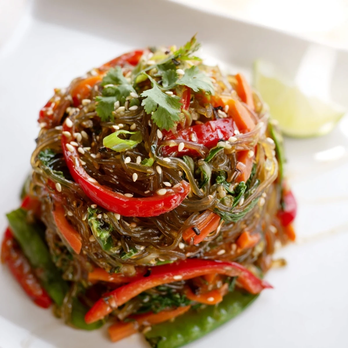 A close-up of vibrant Kelp Noodle Stir-Fry with colorful vegetables and toasted sesame seeds.