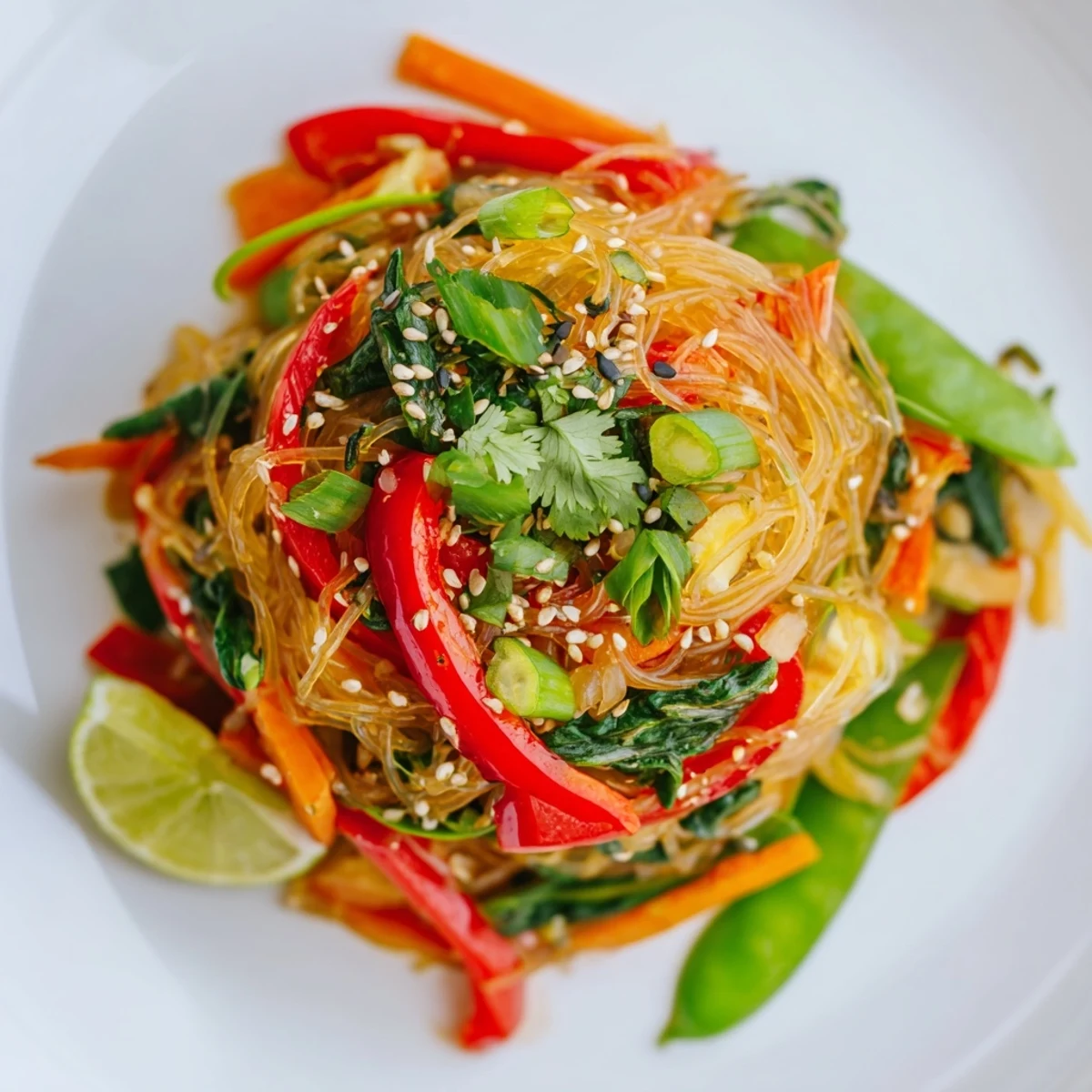 Healthy Kelp Noodle Stir-Fry served in a white bowl, garnished with fresh cilantro and lime wedges.