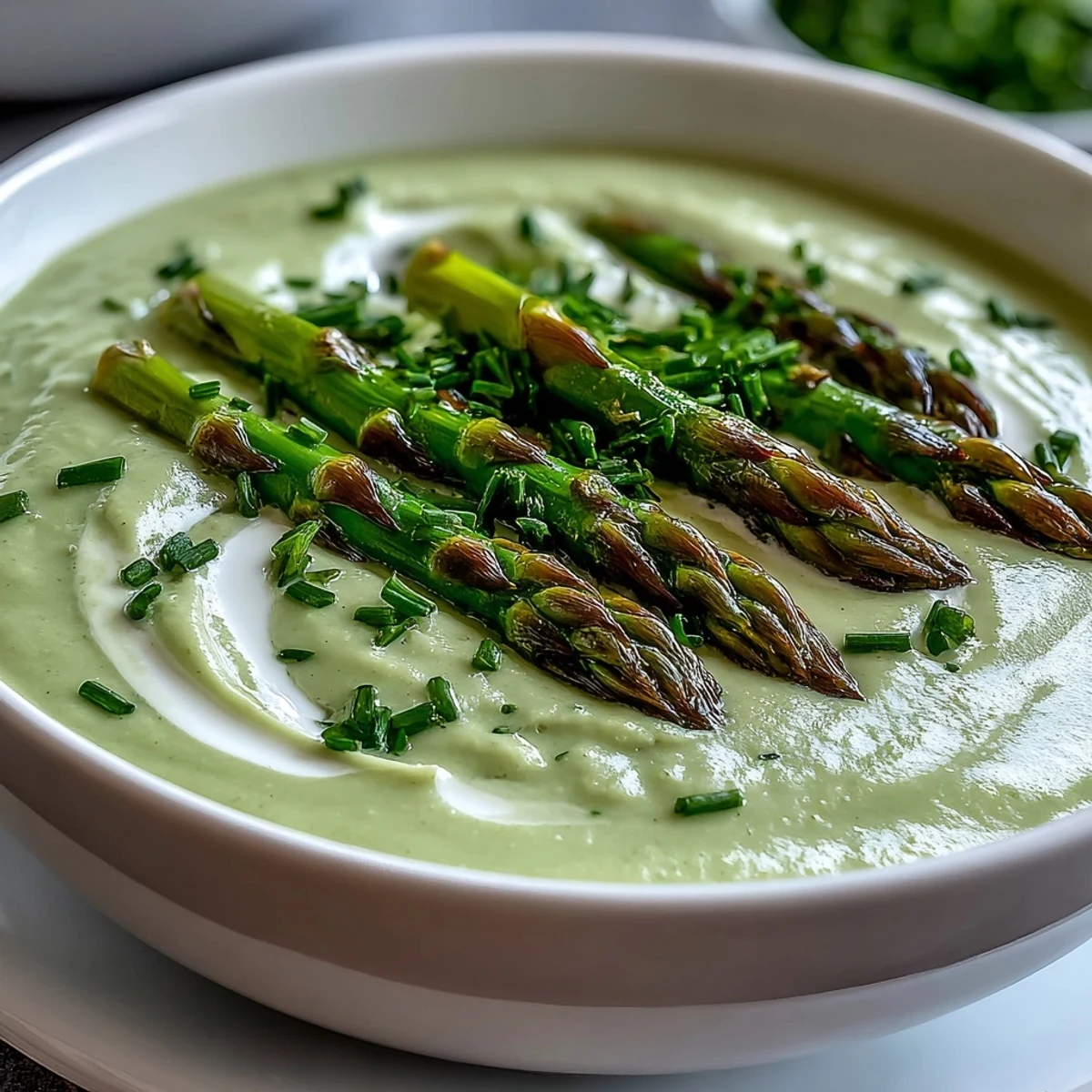 Vibrant green Asparagus Soup is blended until silky smooth and served hot in a white bowl with cream swirls.