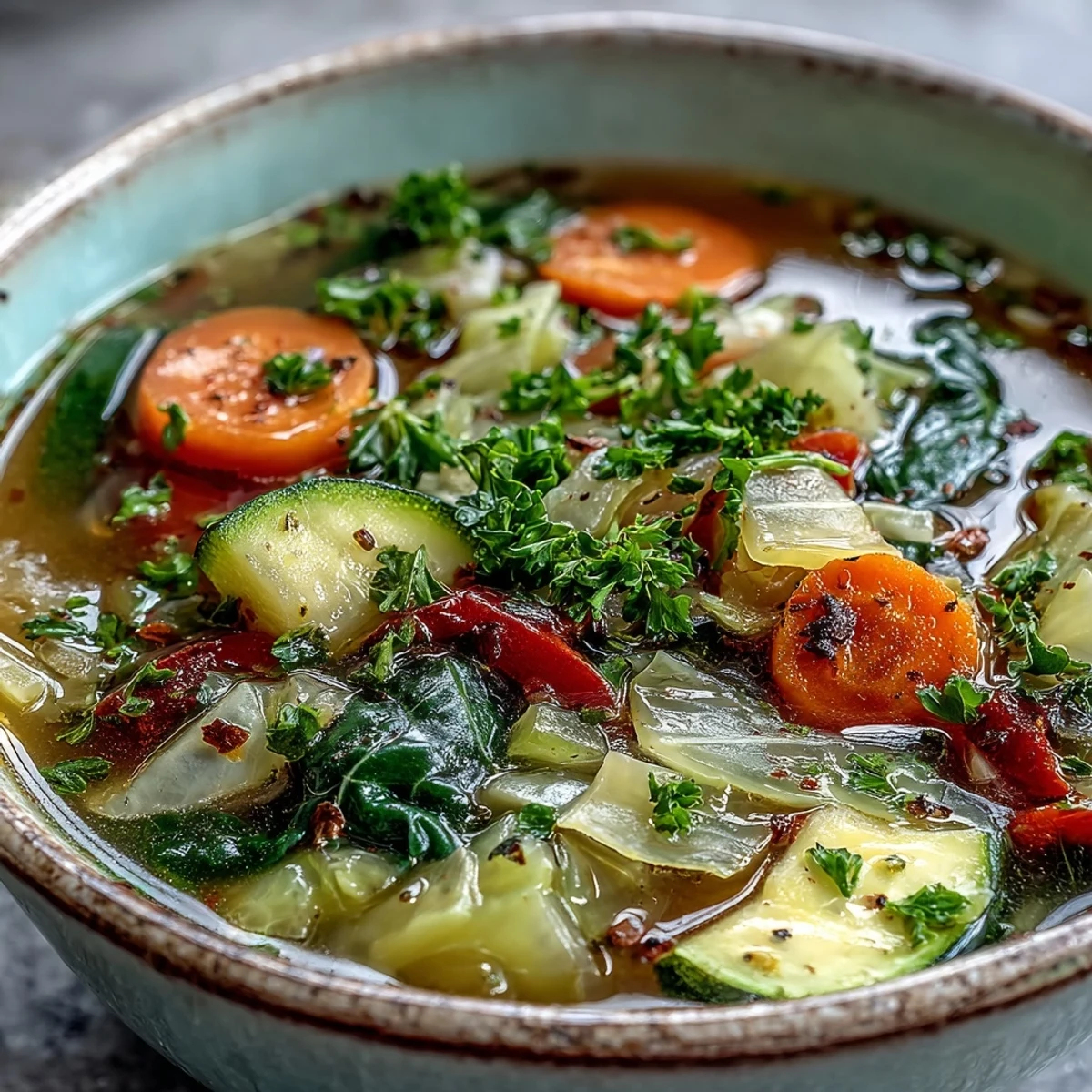 Vibrant bowl of Cabbage Soup featuring tender green cabbage, carrots, and celery in a clear vegetable broth, garnished with fresh parsley.