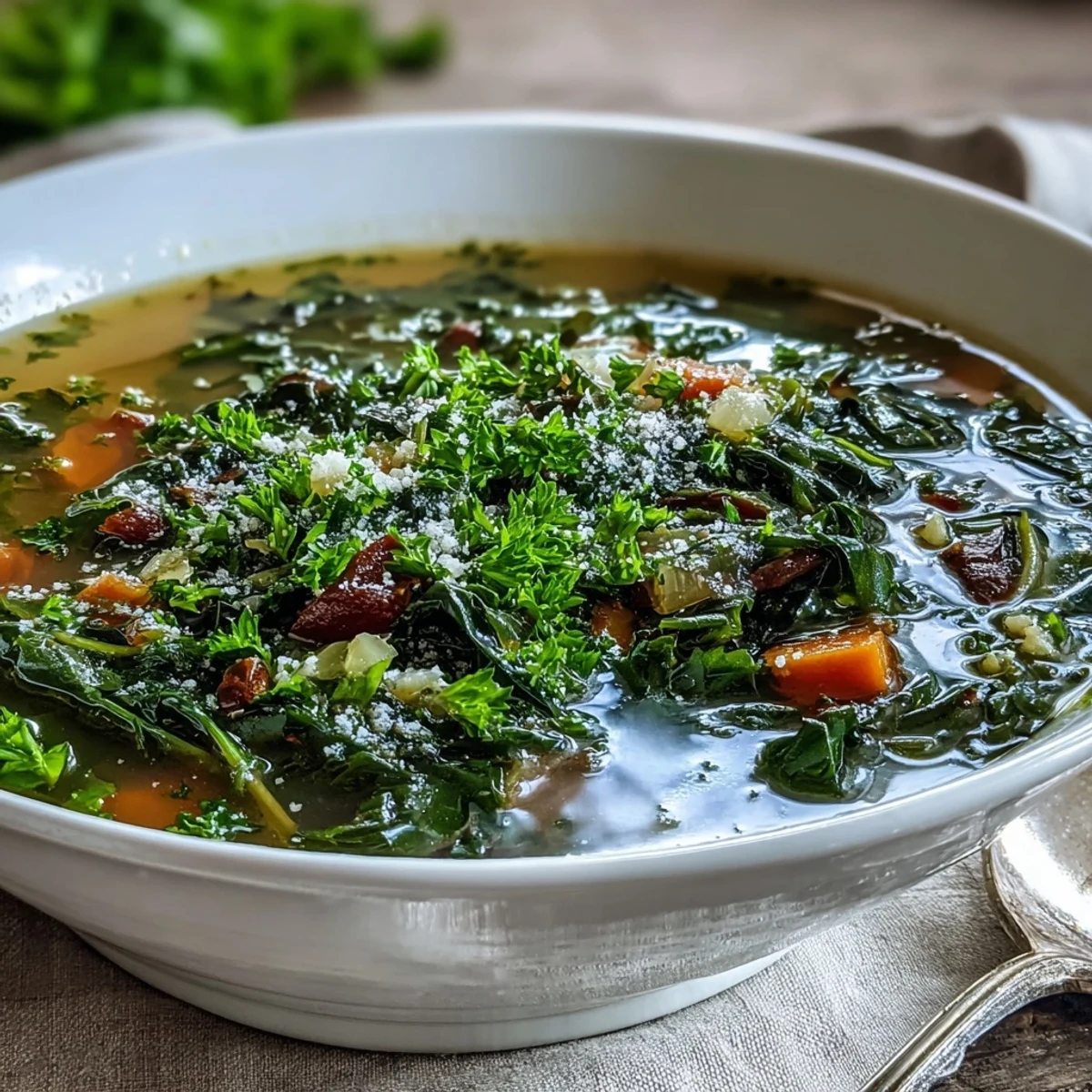 Freshly ladled Swiss Chard Soup showcasing tender greens and vibrant carrots in a clear broth. 