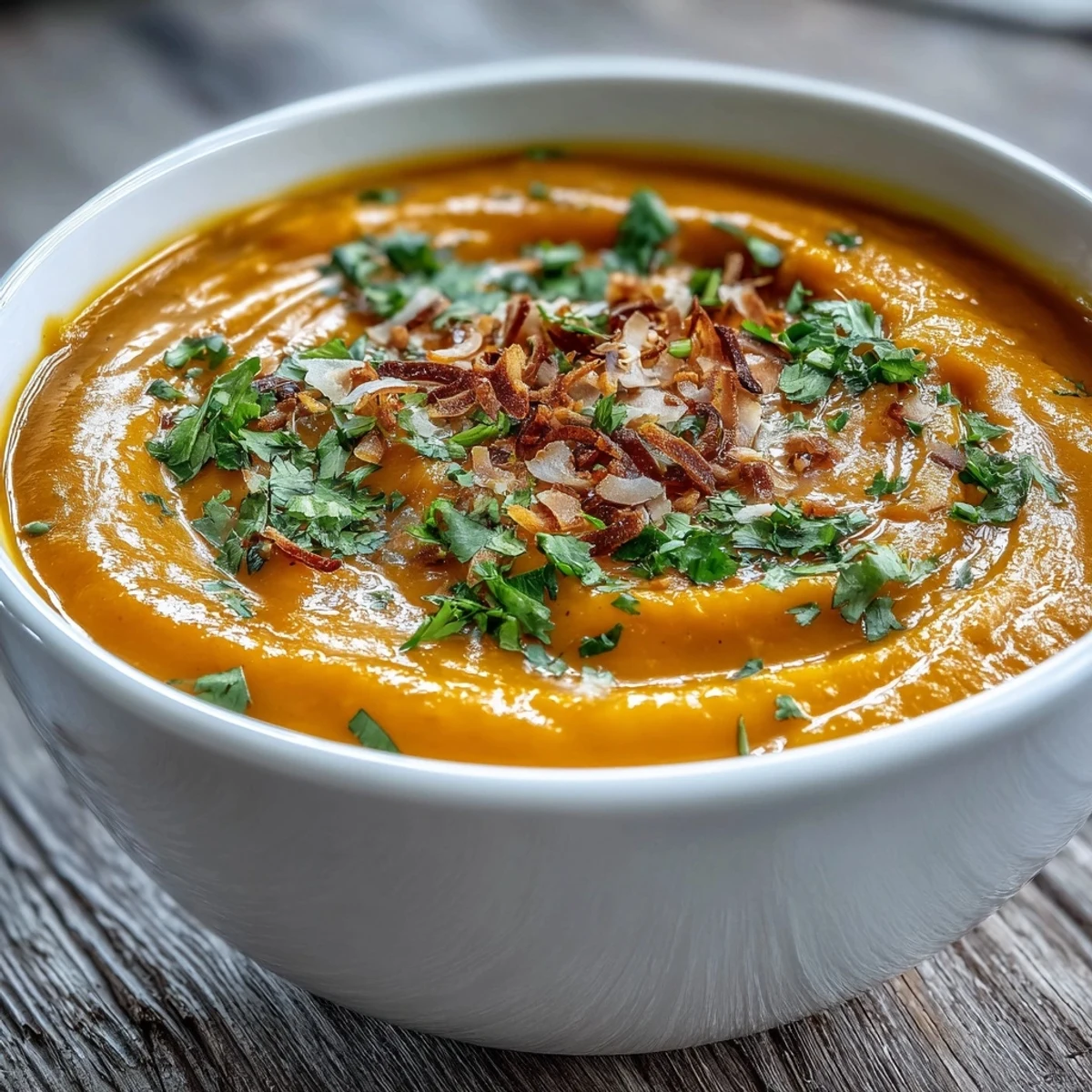 Warm Carrot and Coconut Soup in a white bowl, garnished with cilantro and toasted coconut.