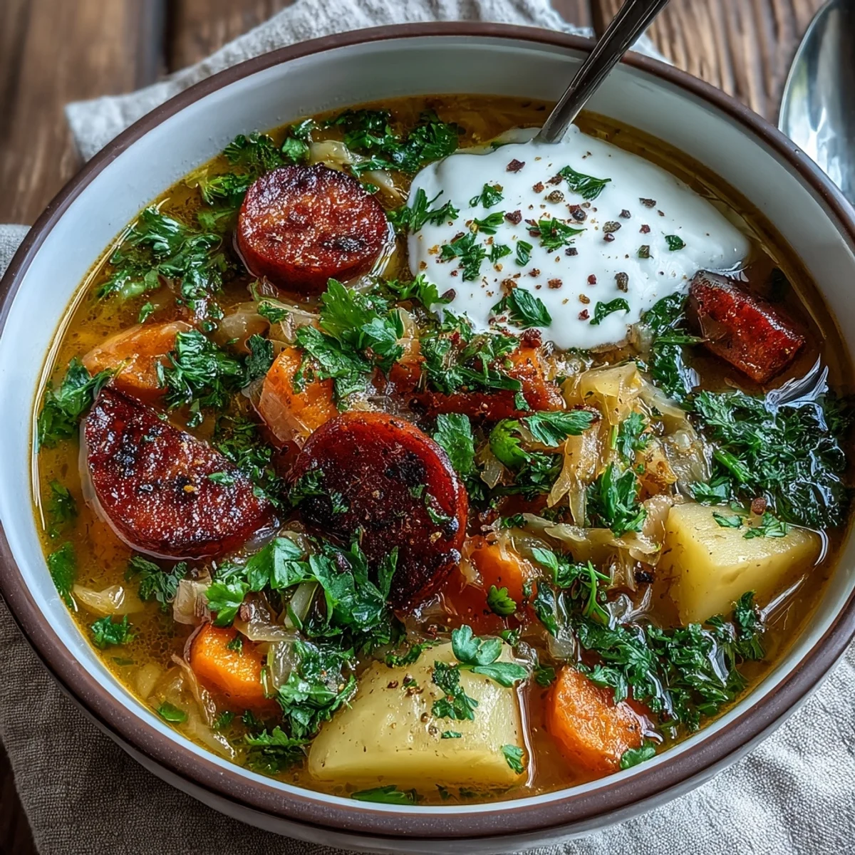 Close-up of golden Sauerkraut Soup with visible carrots, potatoes, and caraway seeds.