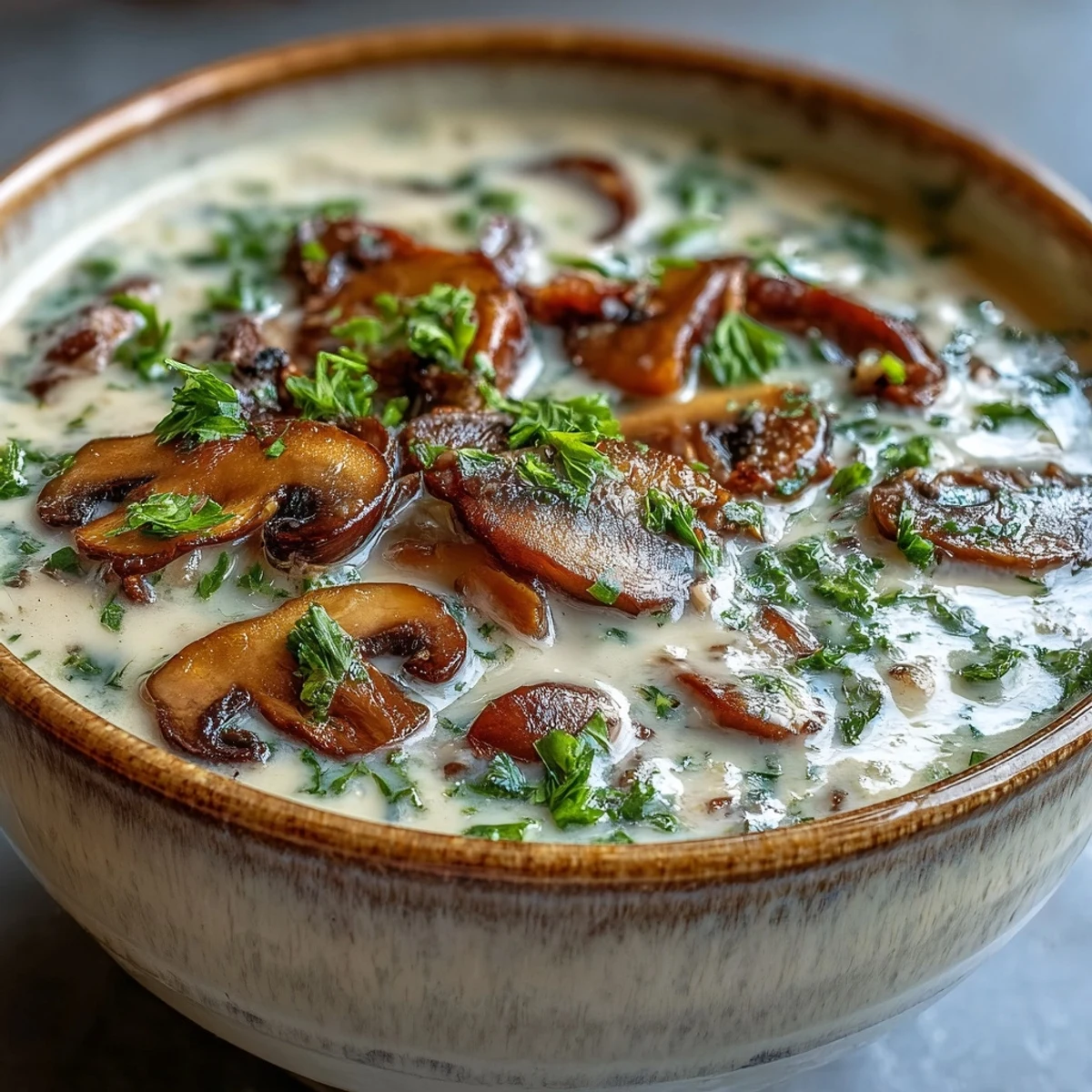 Steaming bowls of homemade mushroom soup garnished with fresh parsley, served alongside crusty artisan bread for dipping.