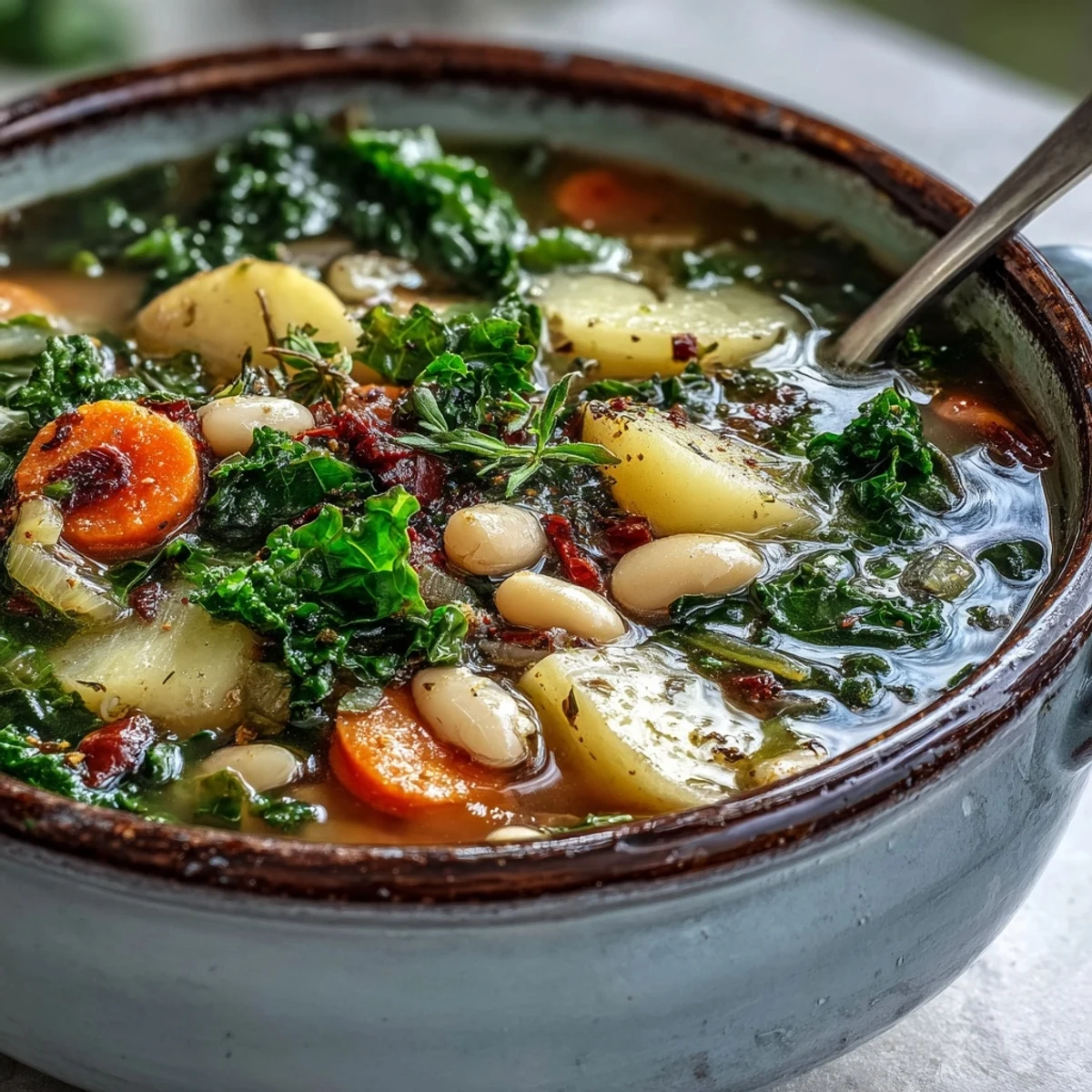 Spoon lifting a serving of Kale Soup from a pot, showcasing tender kale and carrots in a rustic kitchen.