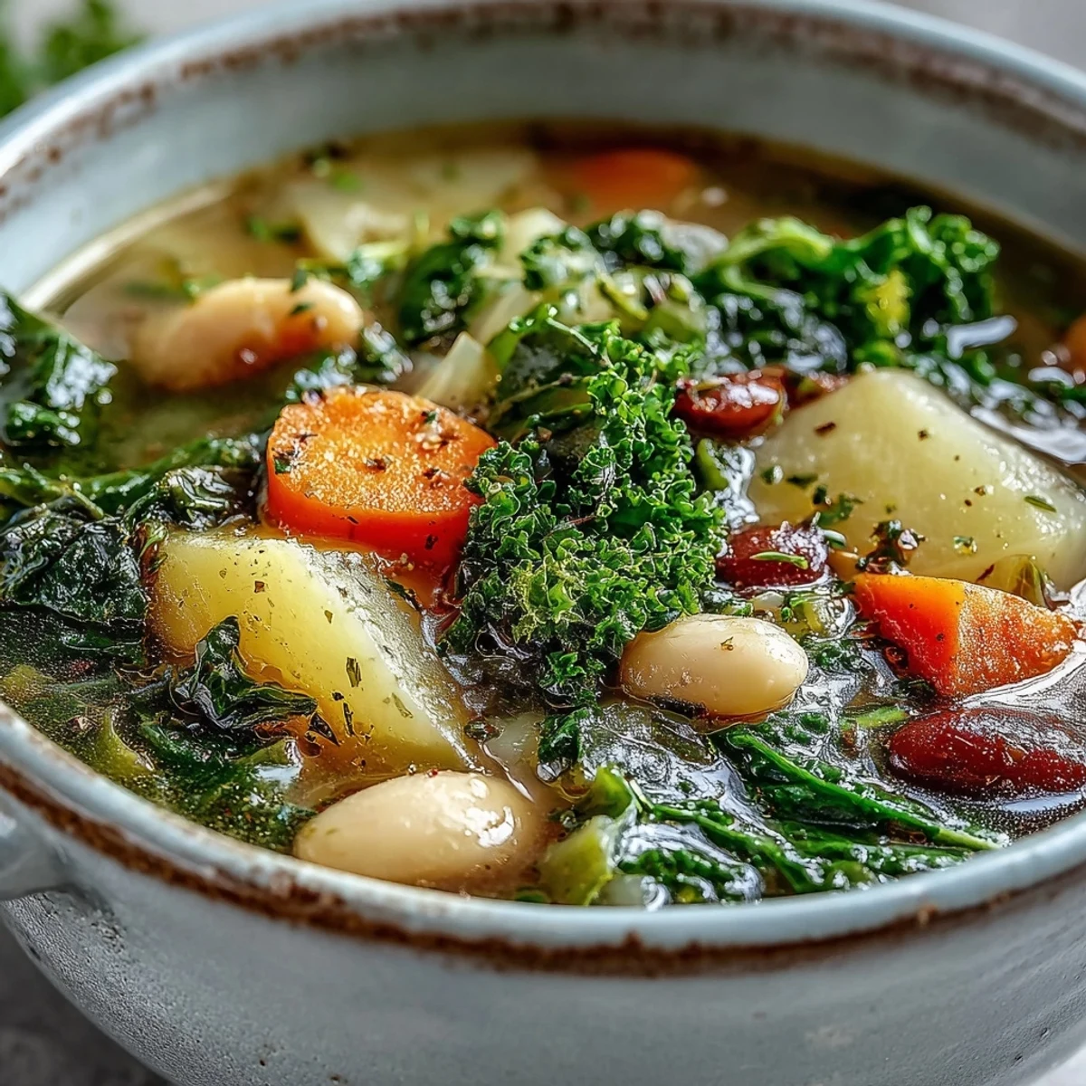 A hearty bowl of Kale Soup featuring kale, cannellini beans, and root vegetables in a savory broth.