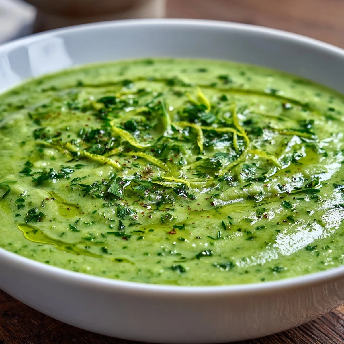 Vibrant green Zucchini Soup in a rustic mug, with fresh basil and a bright lemon zest garnish.