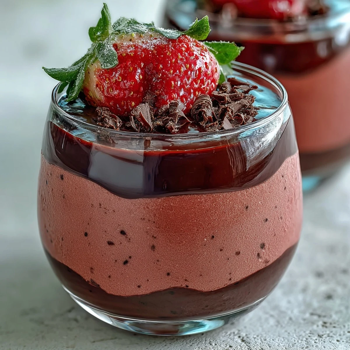 Airy Chocolate-Covered Strawberry Mousse topped with dark chocolate shavings and a mint leaf accent