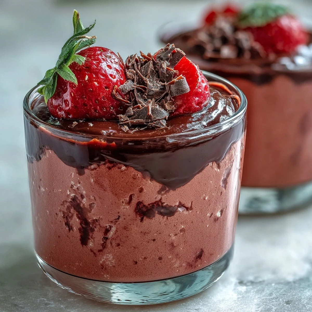 Rich Chocolate-Covered Strawberry Mousse served in dessert glasses with ripe strawberries on the side