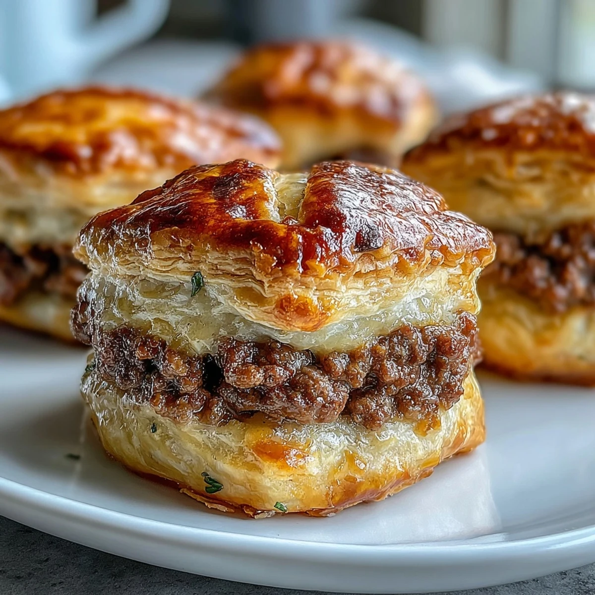 Two Mini Beef Tourtières on a rustic plate, garnished with fresh parsley and a side of Dijon mustard.