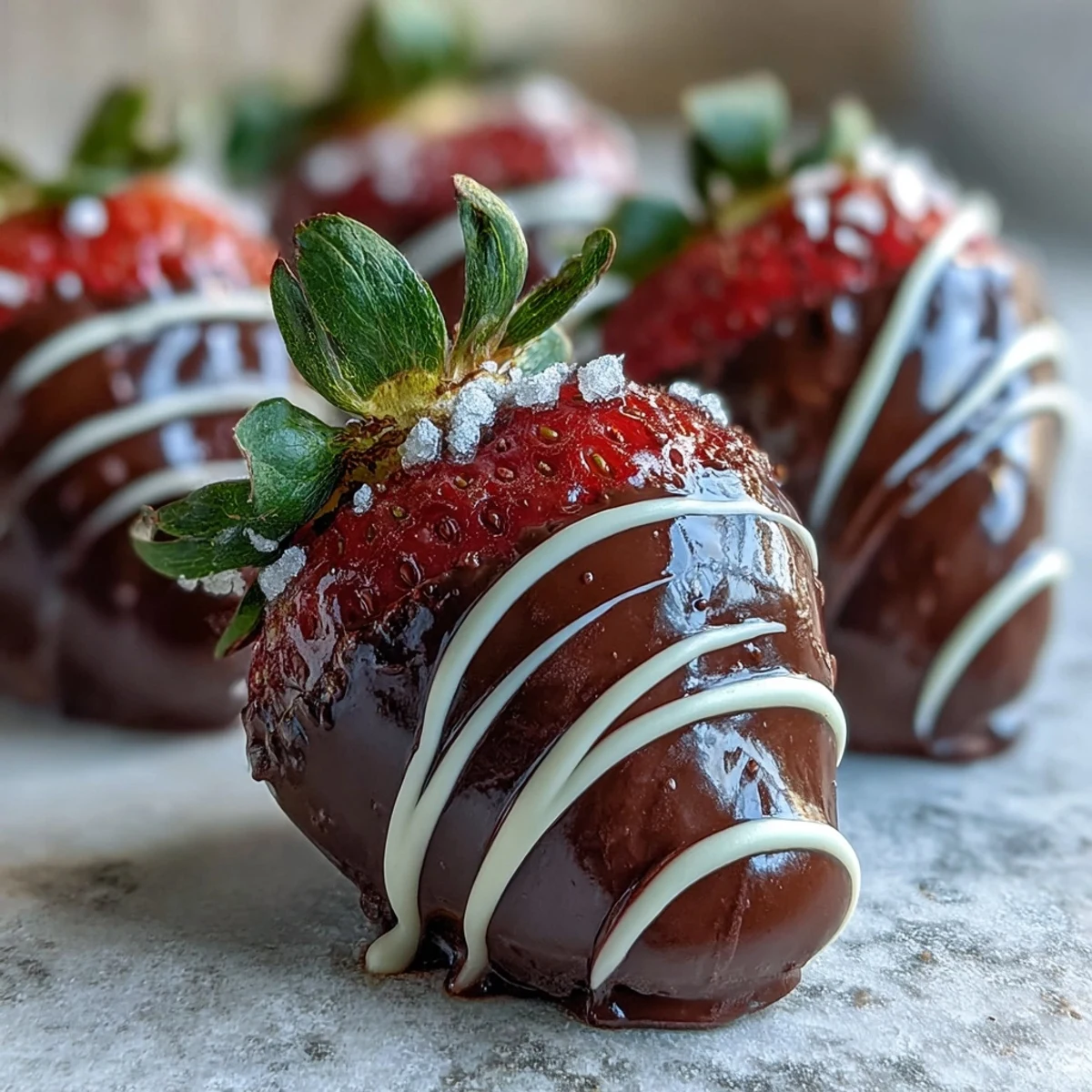 Glossy chocolate-covered strawberries with stems, ready to serve on a white plate.