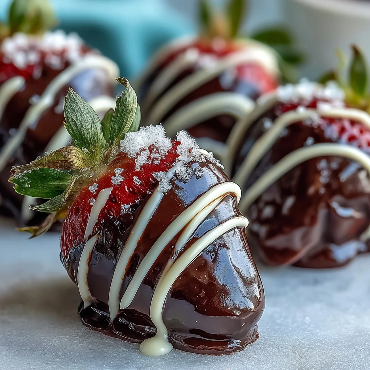 Elegant chocolate-covered strawberries drizzled with white chocolate and sprinkled with nuts.