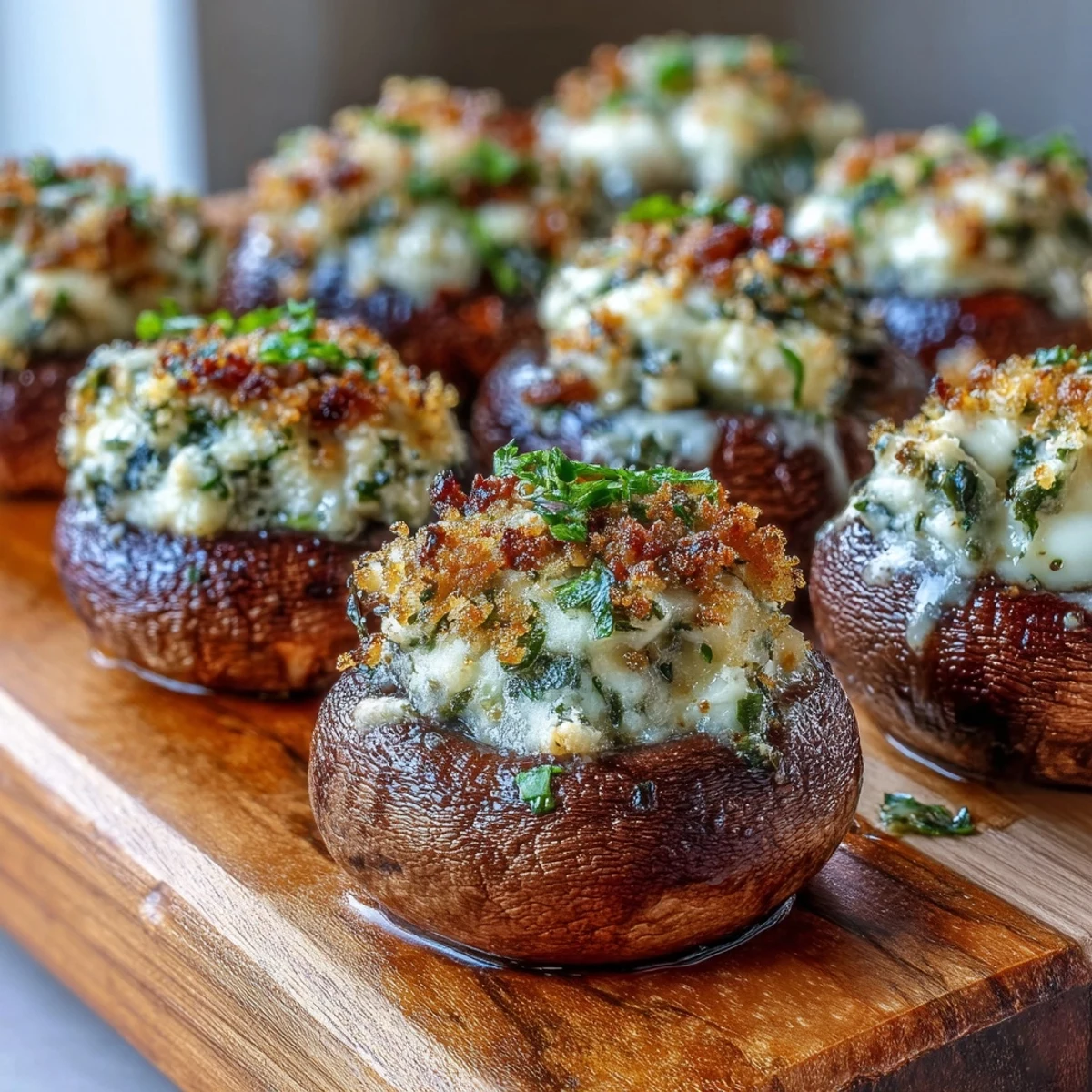 Golden-brown Stuffed Asiago-Basil Mushrooms, with bubbly cheese and fresh herbs, rest on a dark serving platter.