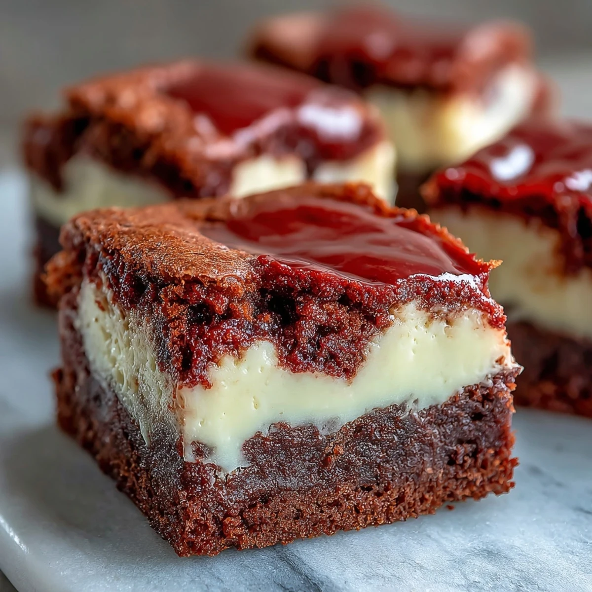 Slice of Red Velvet Cheesecake Brownies served on a white plate with a glass of milk.