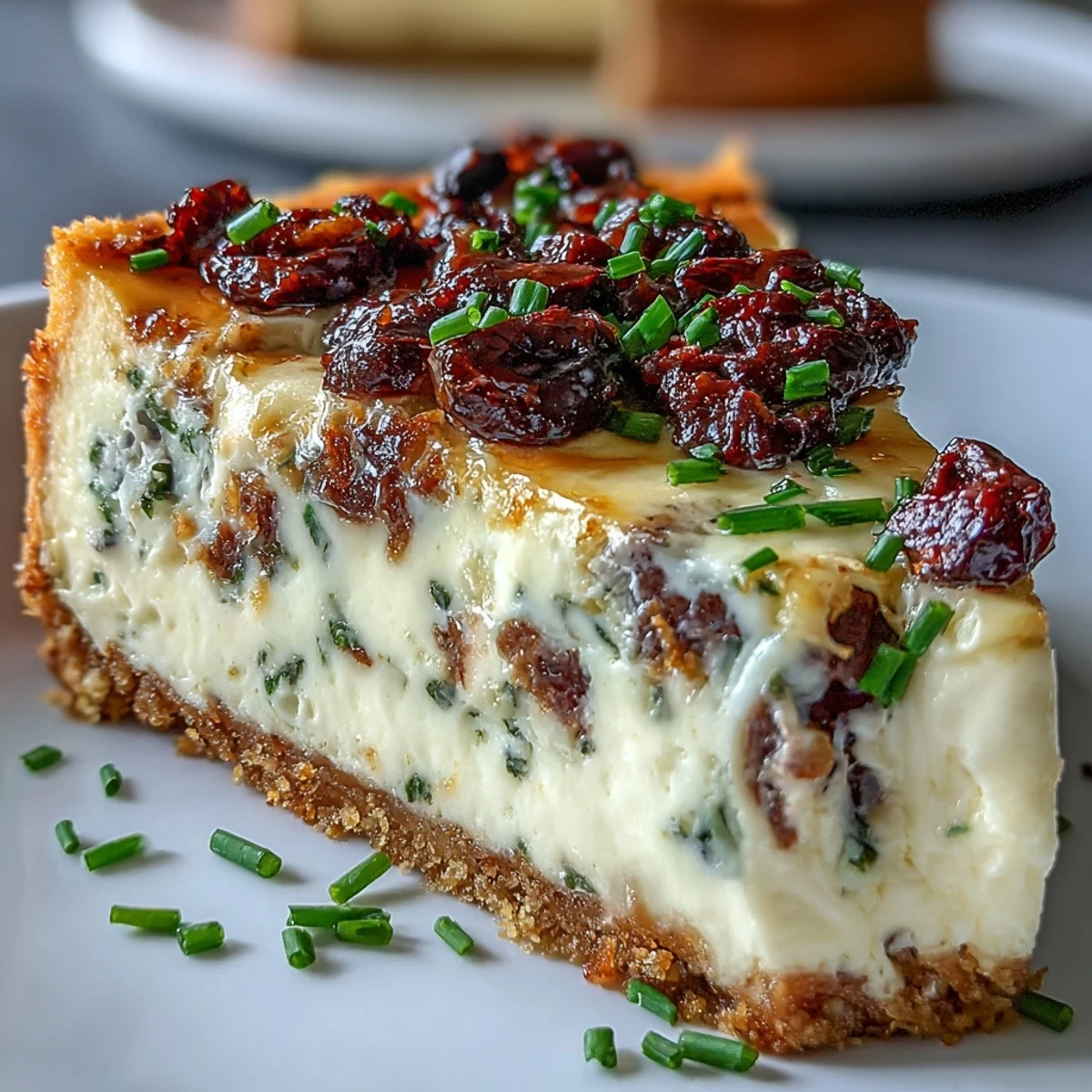 A slice of Kalamata cheesecake appetizer garnished with fresh parsley and extra Kalamata olives, served on a white plate for a Greek-inspired gathering.  