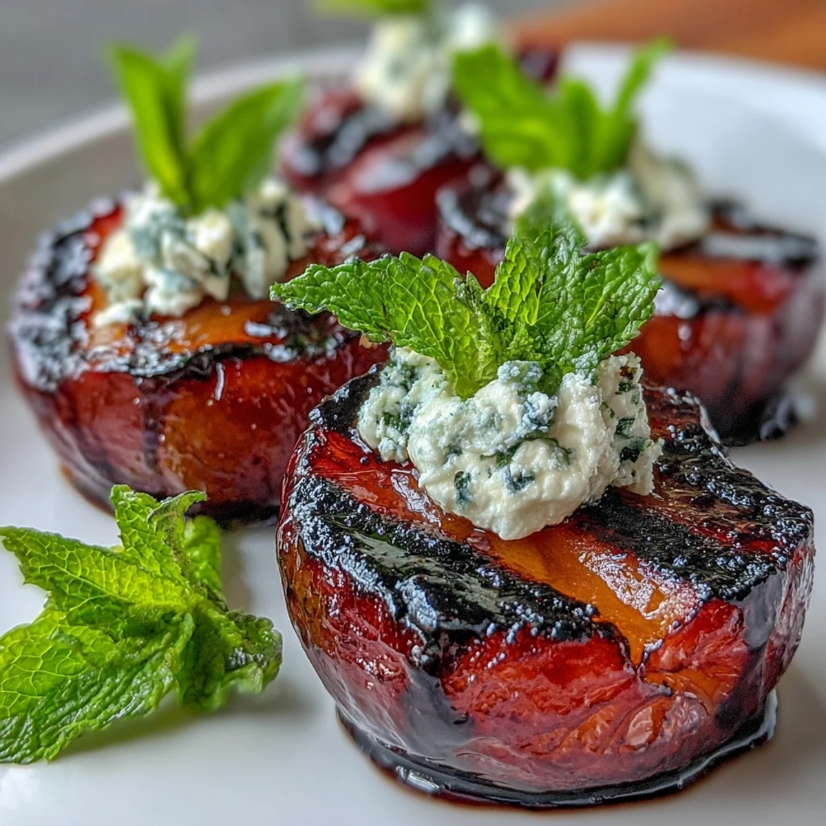 Warm Balsamic-Goat Cheese Grilled Plums on a platter, drizzled with glaze and topped with creamy cheese and fresh mint.