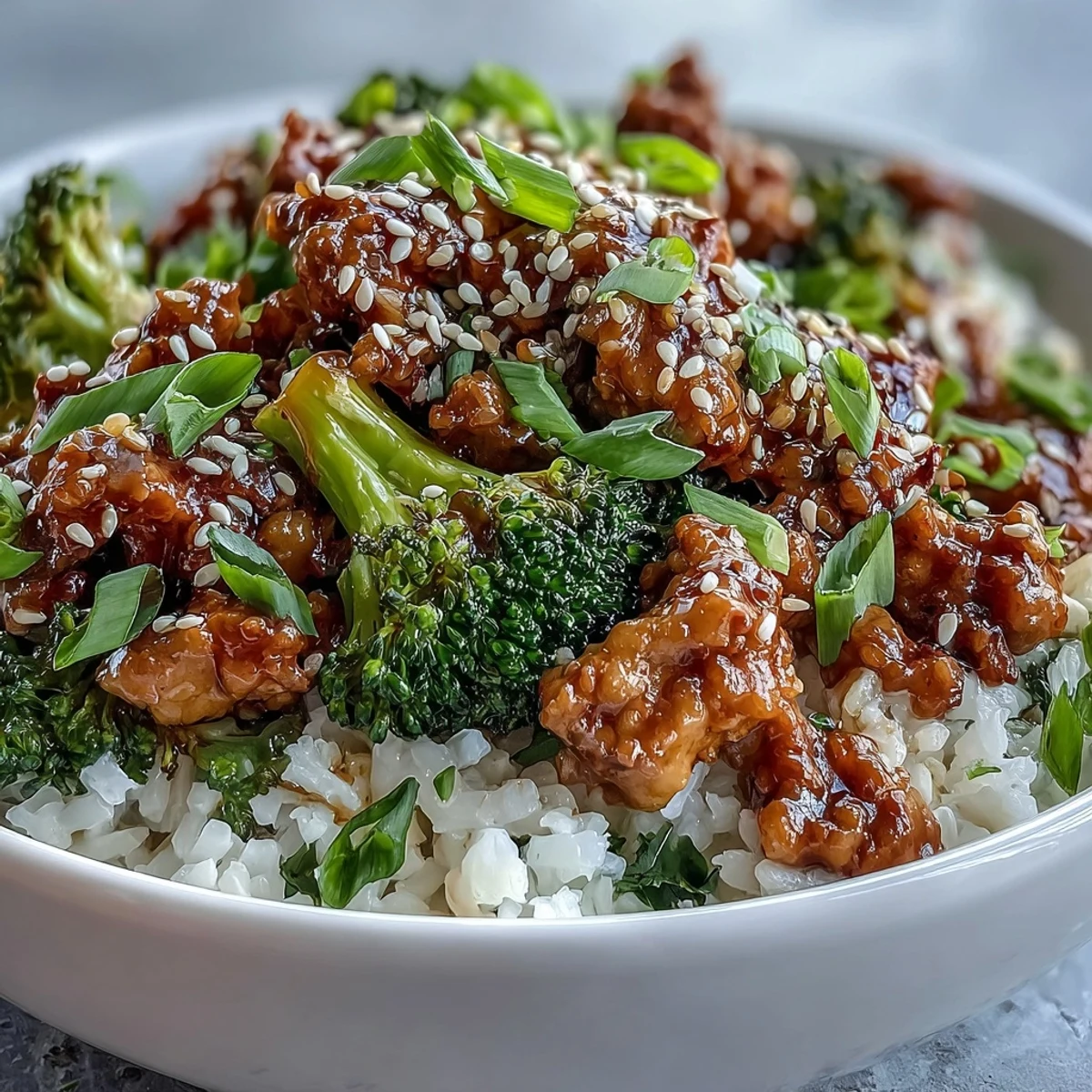 Steamed broccoli and brown rice topped with Sweet and Spicy Turkey Broowl Bowls glazed in fiery honey-sriracha.