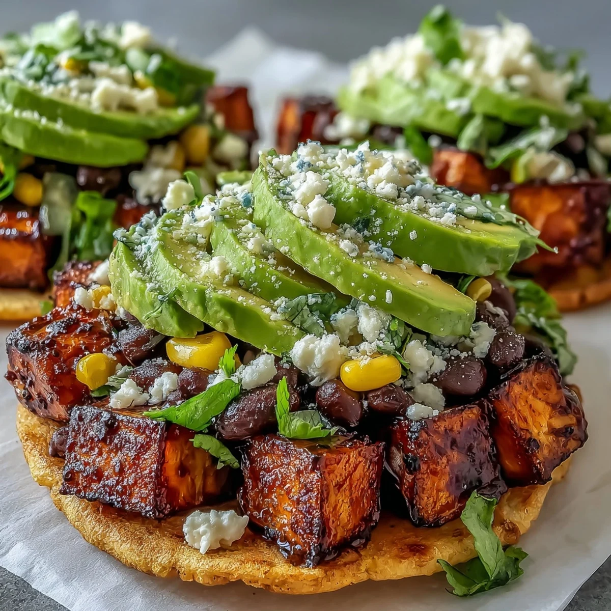 Warm tostadas with smoky paprika sweet potatoes, limey corn, and fresh cilantro ready to serve.