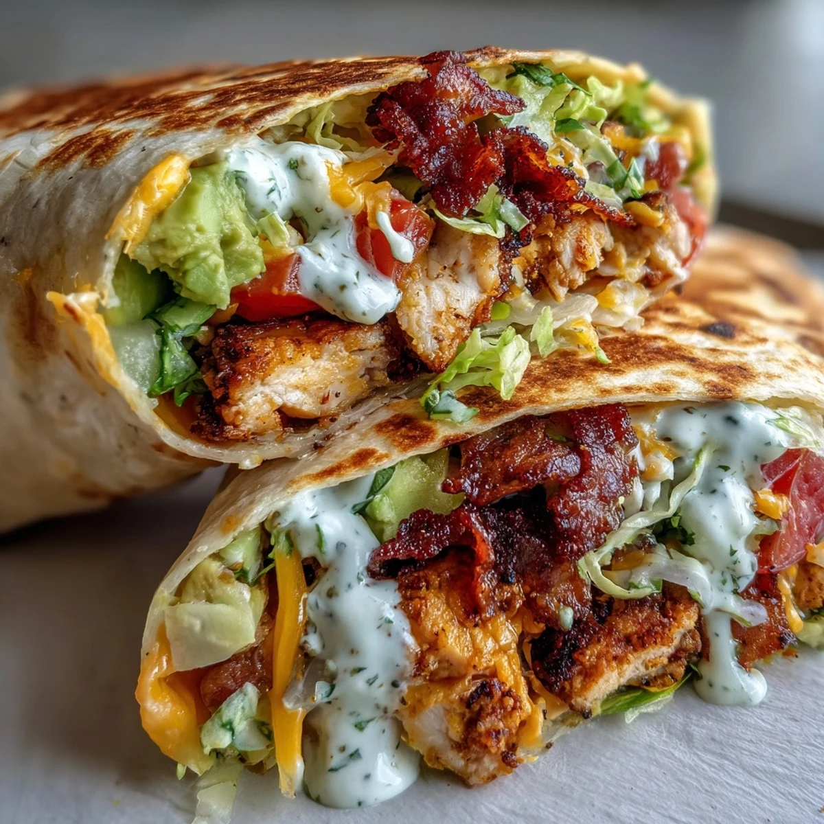 Crispy Chicken Bacon Wrap sliced in half on a wooden board, revealing layers of juicy chicken, bacon, and avocado.