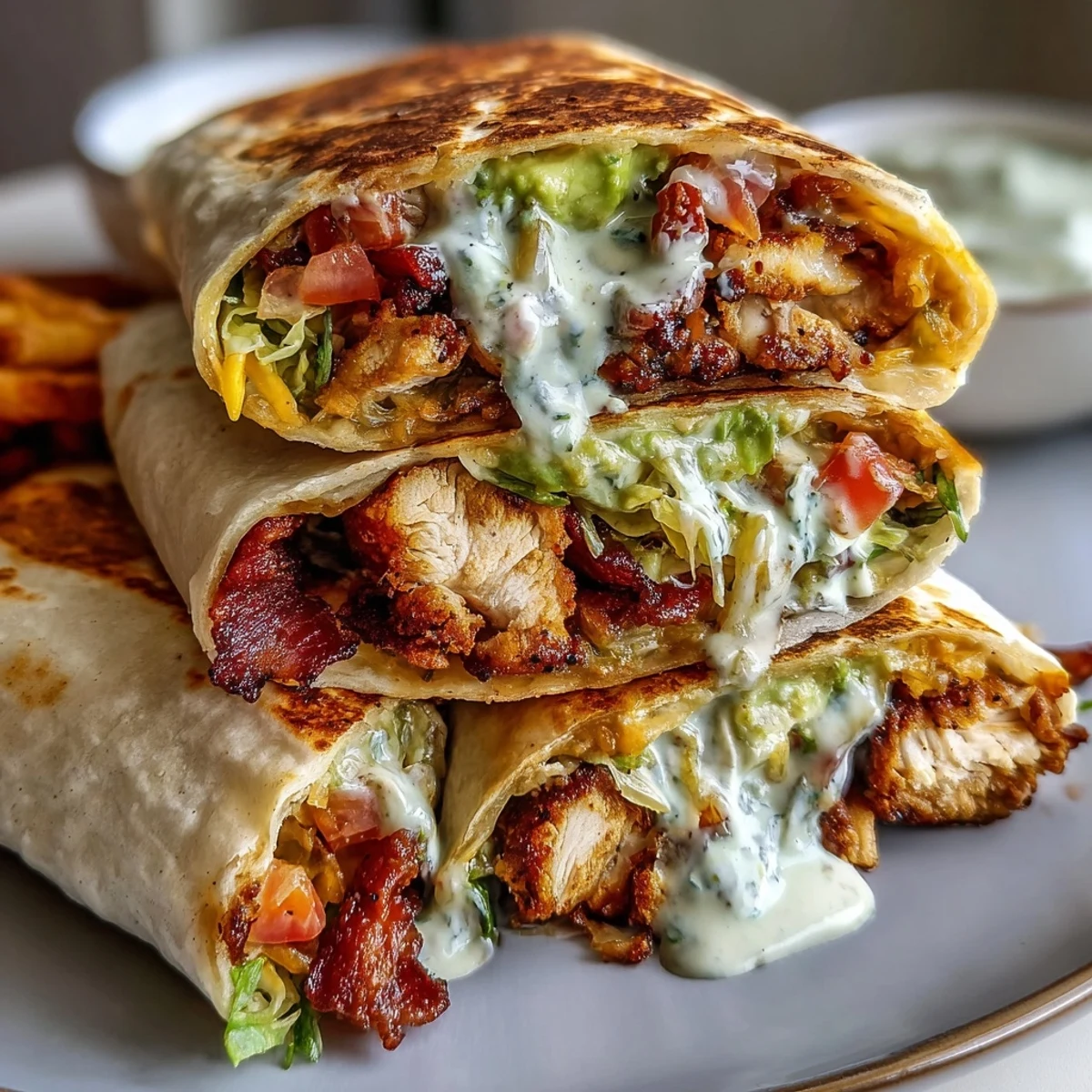 Golden-brown Crispy Chicken Bacon Wrap with melted cheddar, bacon, and fresh lettuce spilling from a toasted tortilla.
