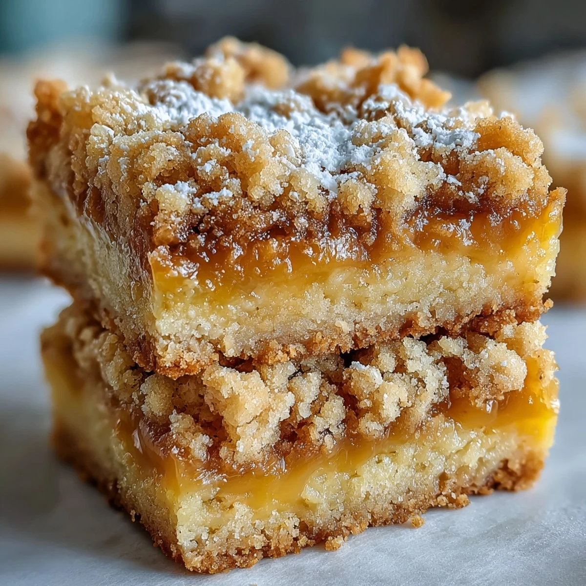 Freshly baked Homemade Lemon Crumb Bars with golden crumbs over bright citrus filling, served on a rustic wooden board.
