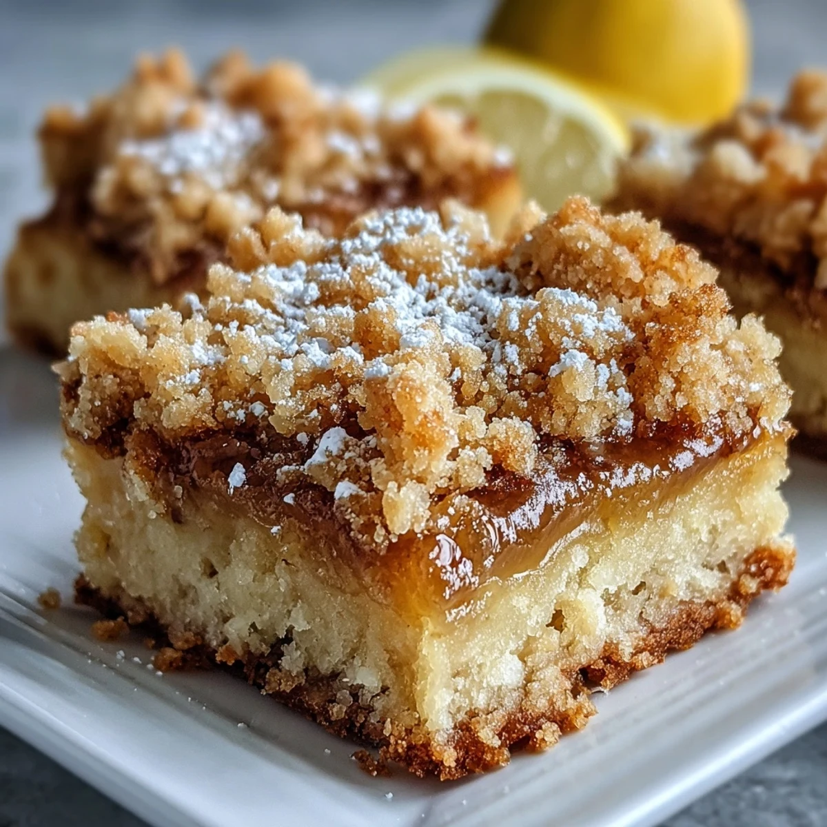 A close-up view of a gooey Homemade Lemon Crumb Bar, showing a crumbly texture and sweet lemon zest.