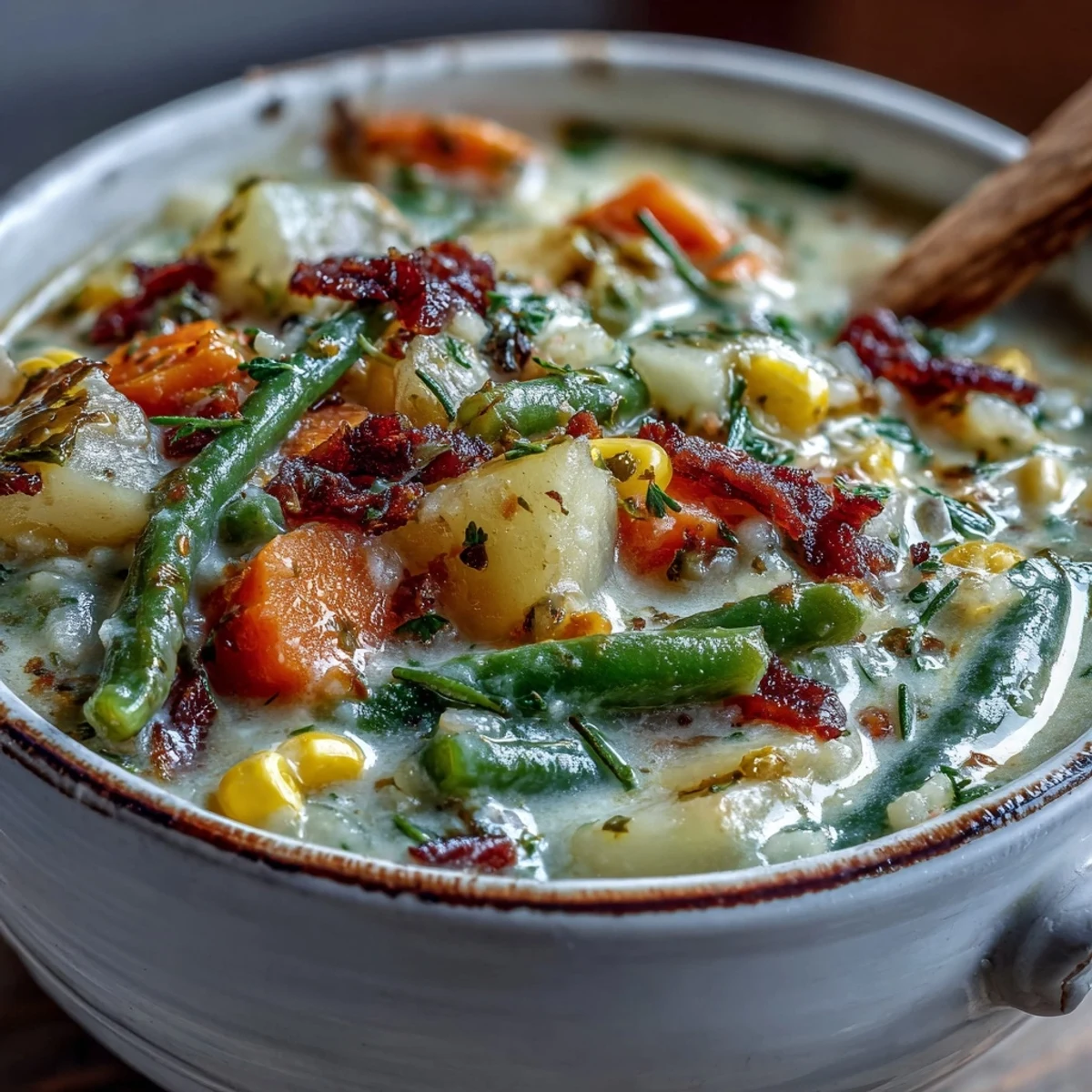 Homemade Amish Snow Day Soup simmering with green beans, celery, and bell peppers, paired with crusty bread on the side.